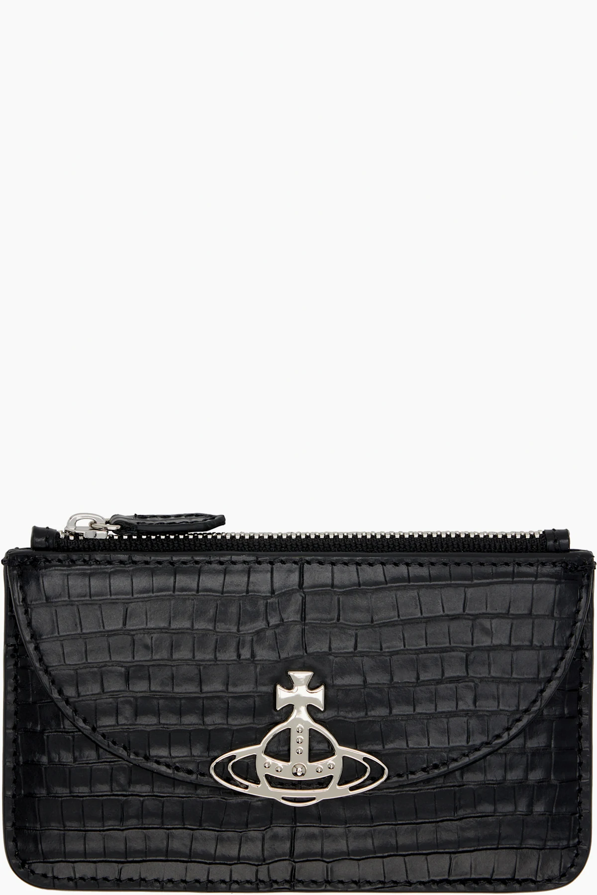 Black Half Moon Croc-Embossed Card Holder