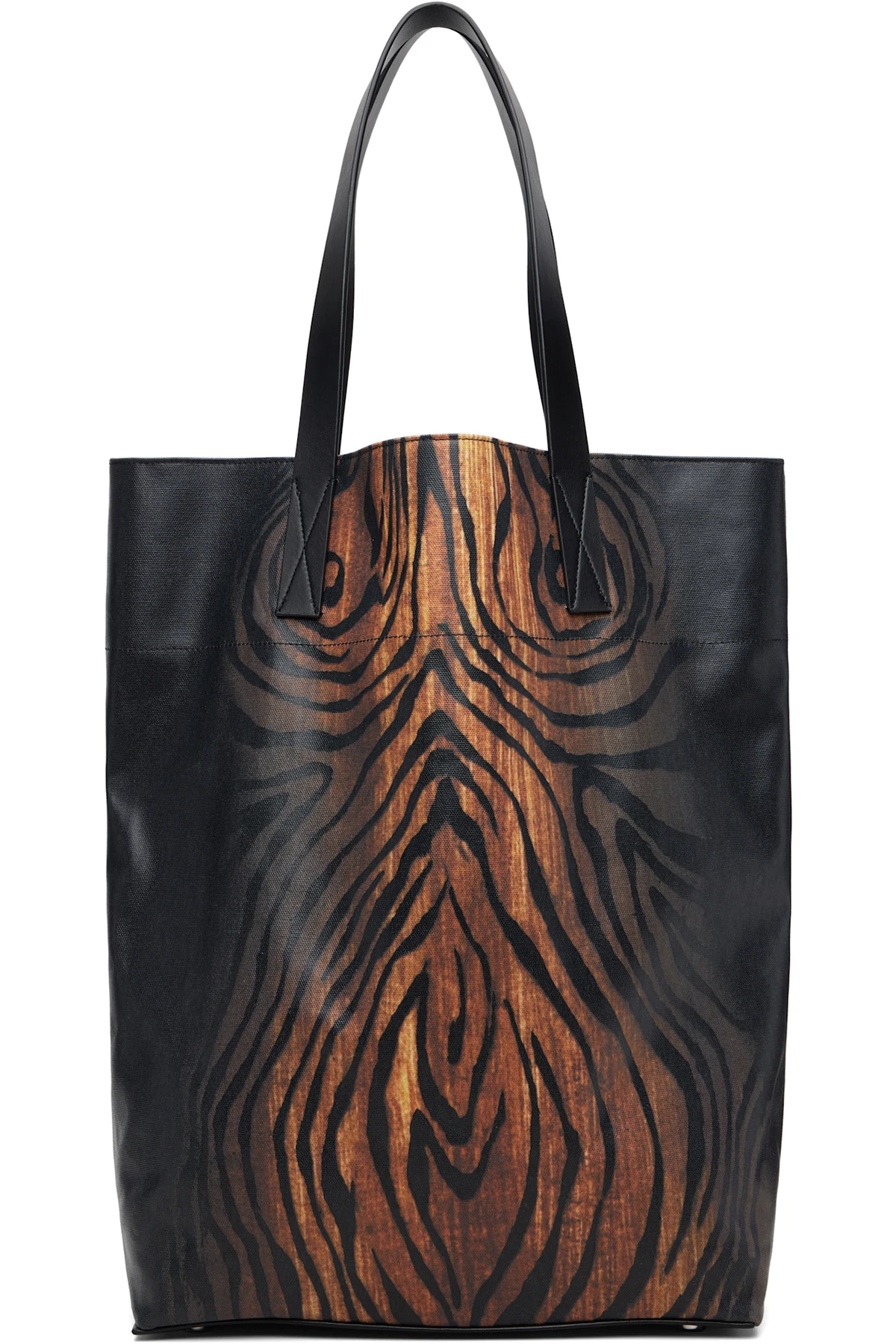 Black & Brown Coated Canvas Printed Wood Tote