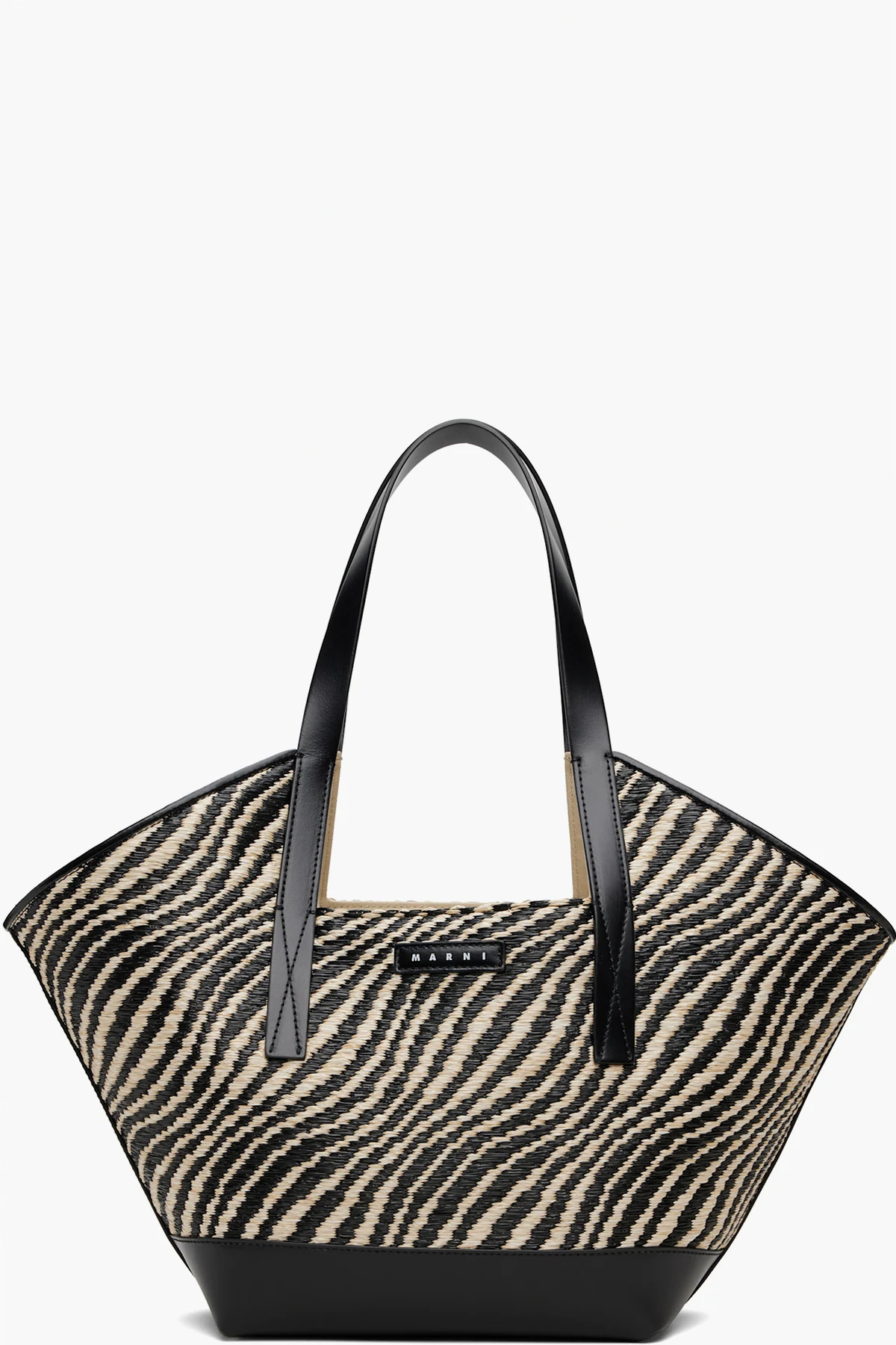 Black & White Raffia-Effect Waves Small Tote