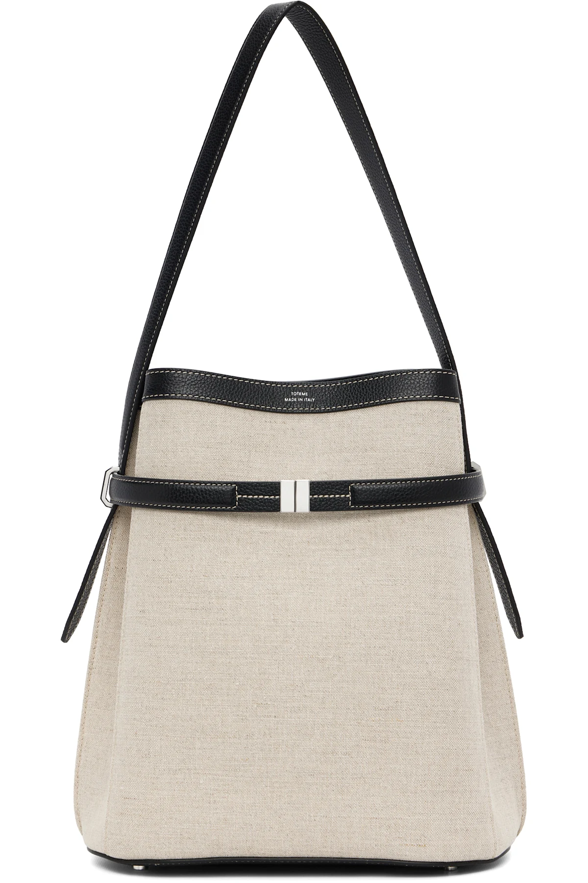 Beige & Black Belted Canvas Bucket Bag
