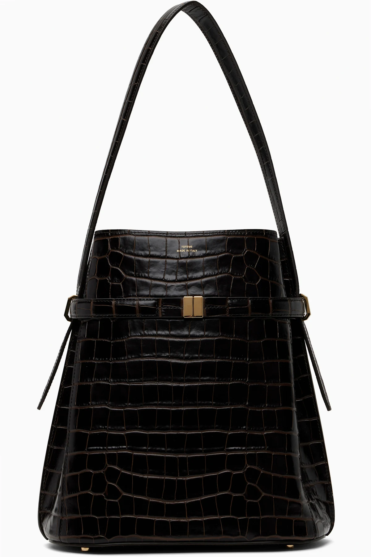 Brown Belted Croco-Embossed Bucket Bag