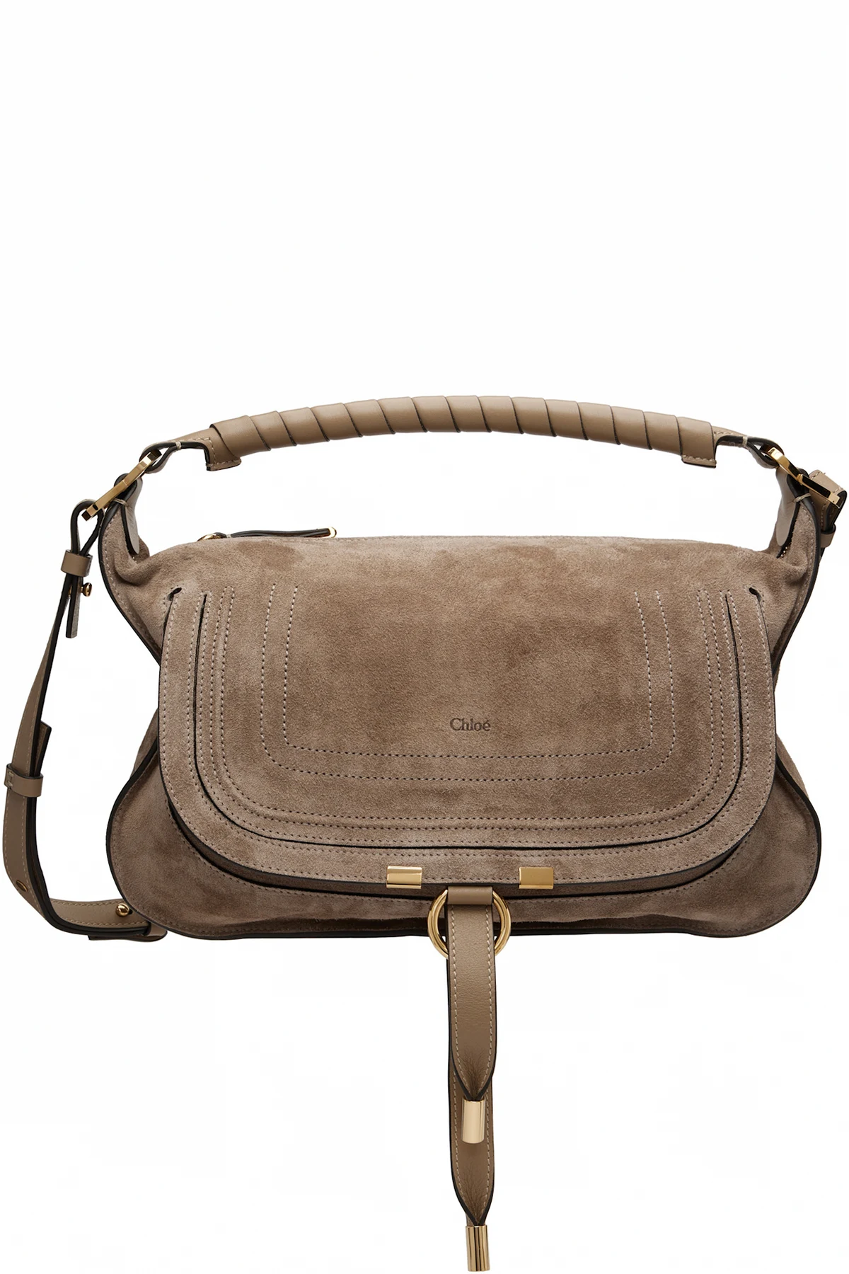 Taupe Suede Leather Small Marcie Shoulder Bag