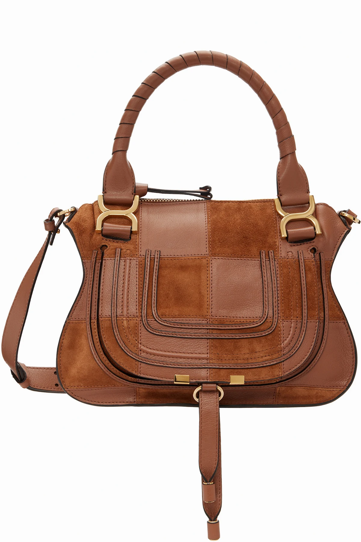 Brown Grained & Suede Leather Small Marcie Shoulder Bag