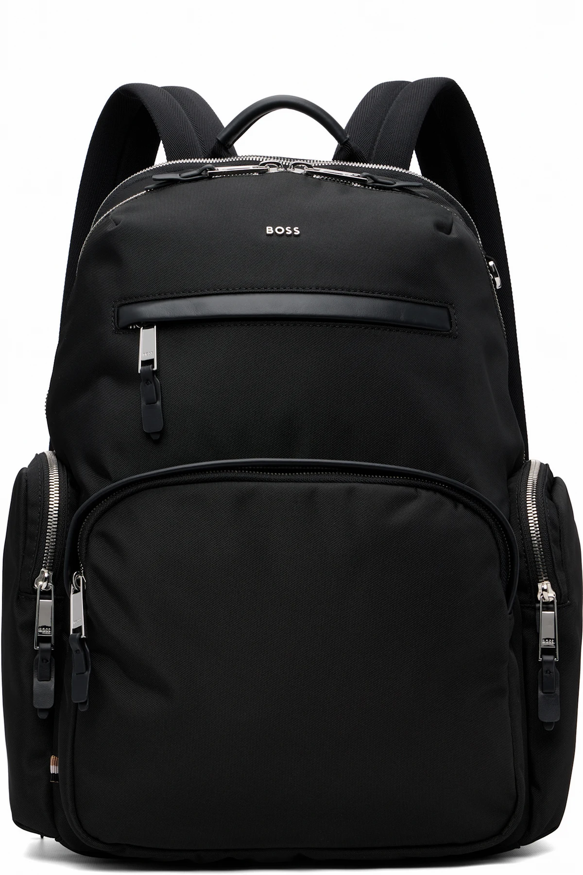 Black Leather-Trim Logo Lettering Backpack