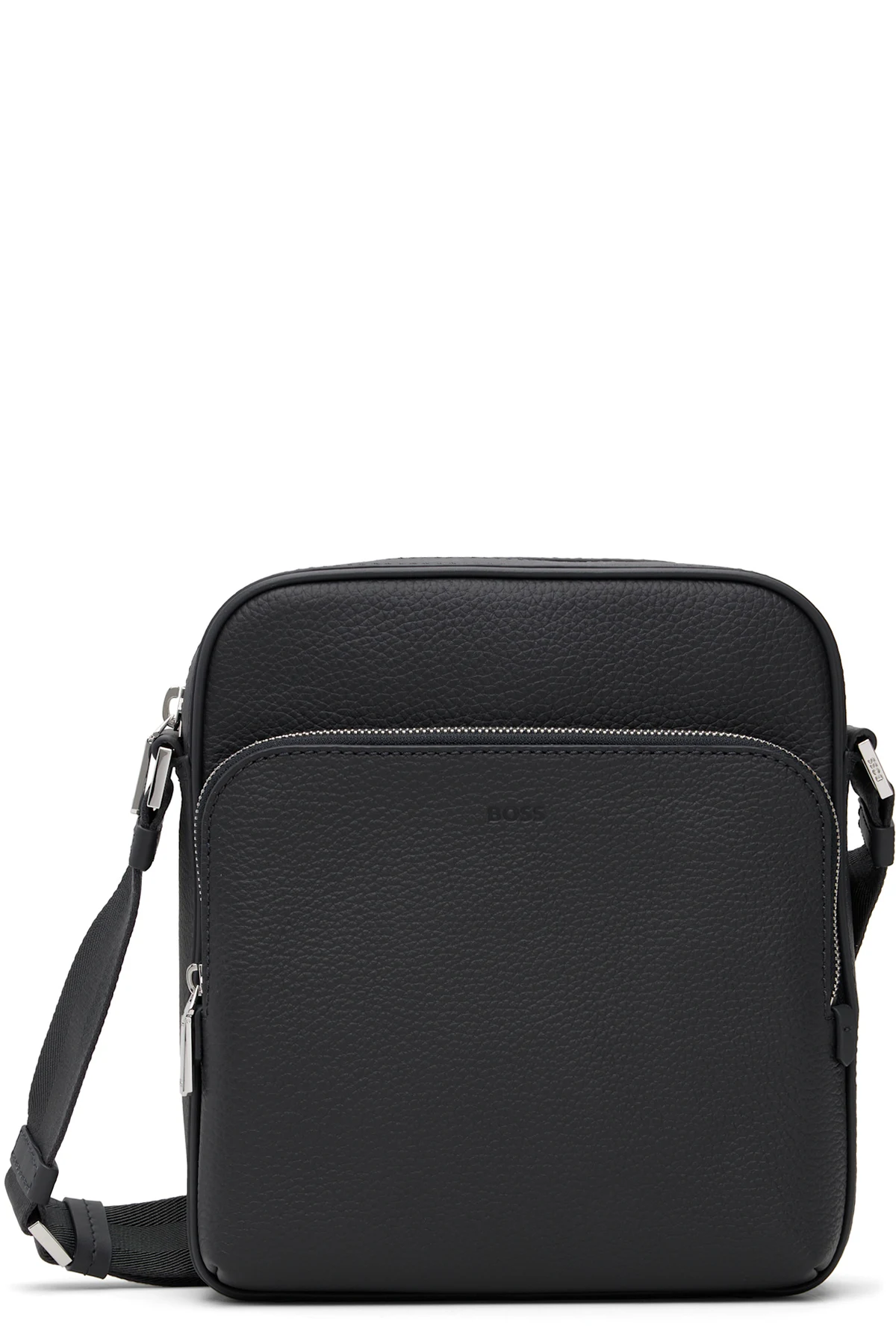 Navy Leather Logo-Embossed Messenger Bag