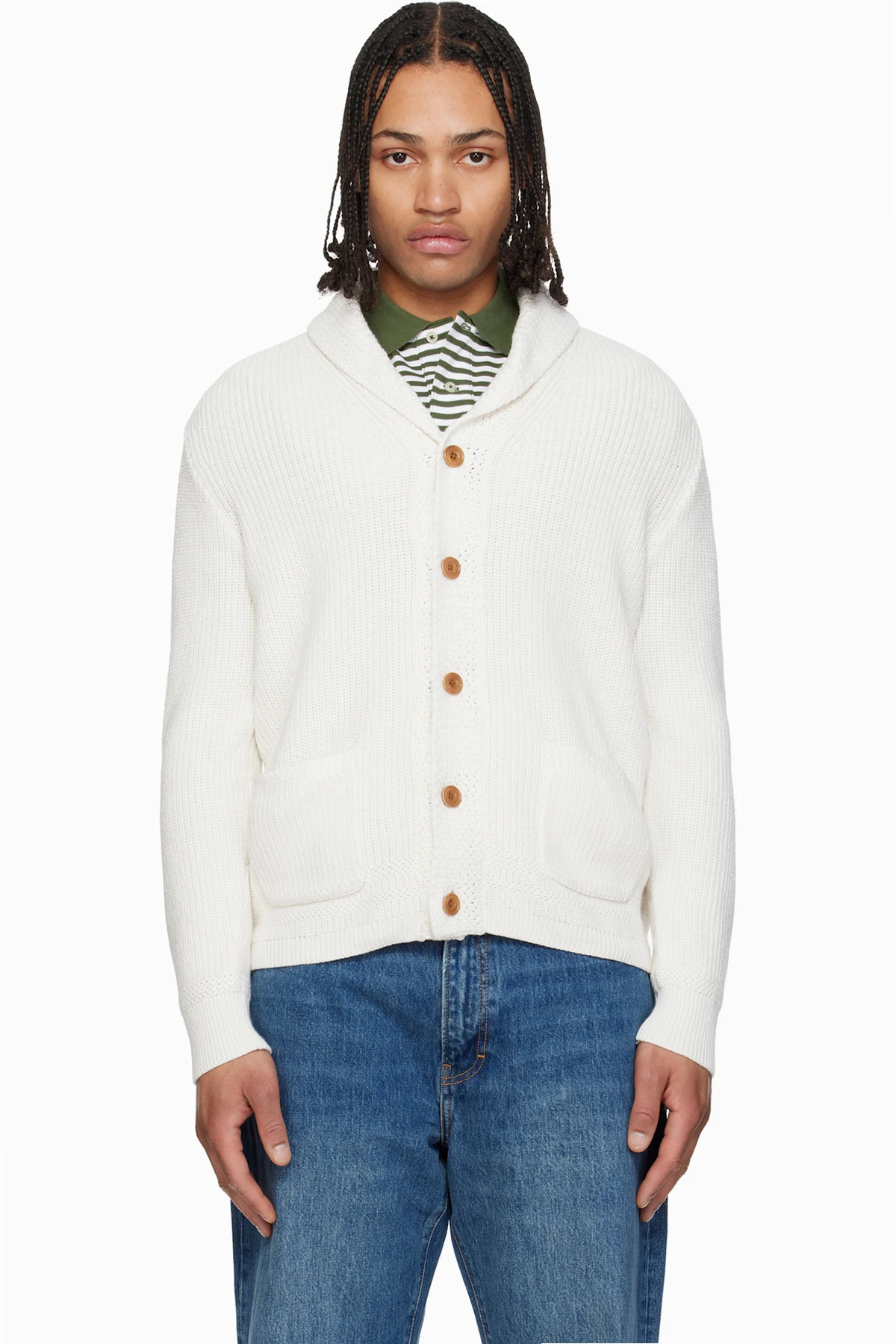 Off-White Cotton Shawl-Collar Cardigan