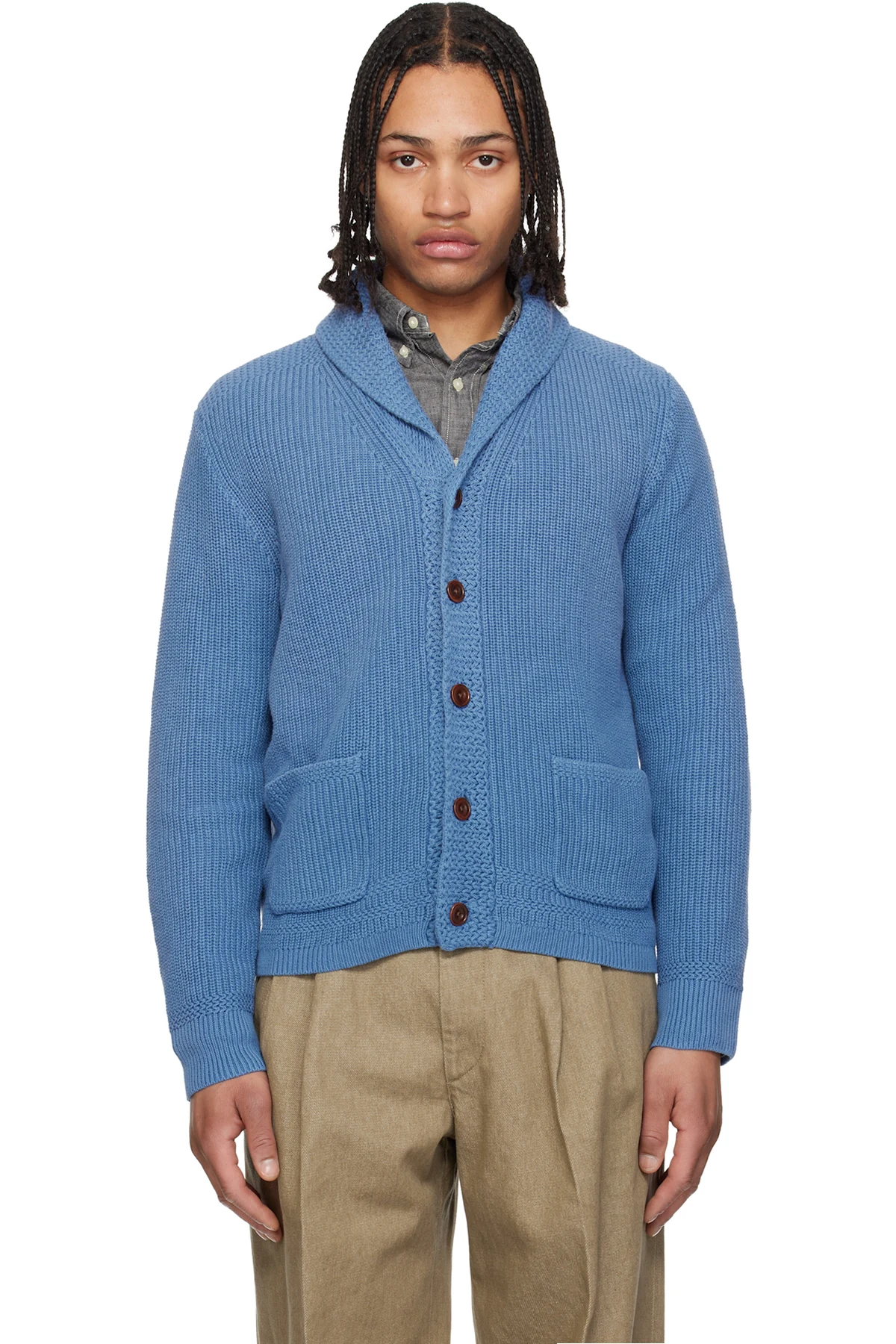 Blue Cotton Shawl-Collar Cardigan