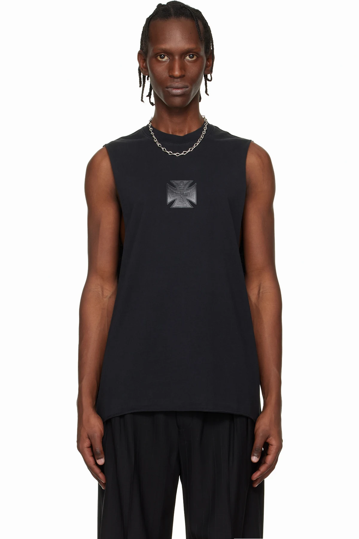 Black Biker Leather Cross Jersey Muscle Top