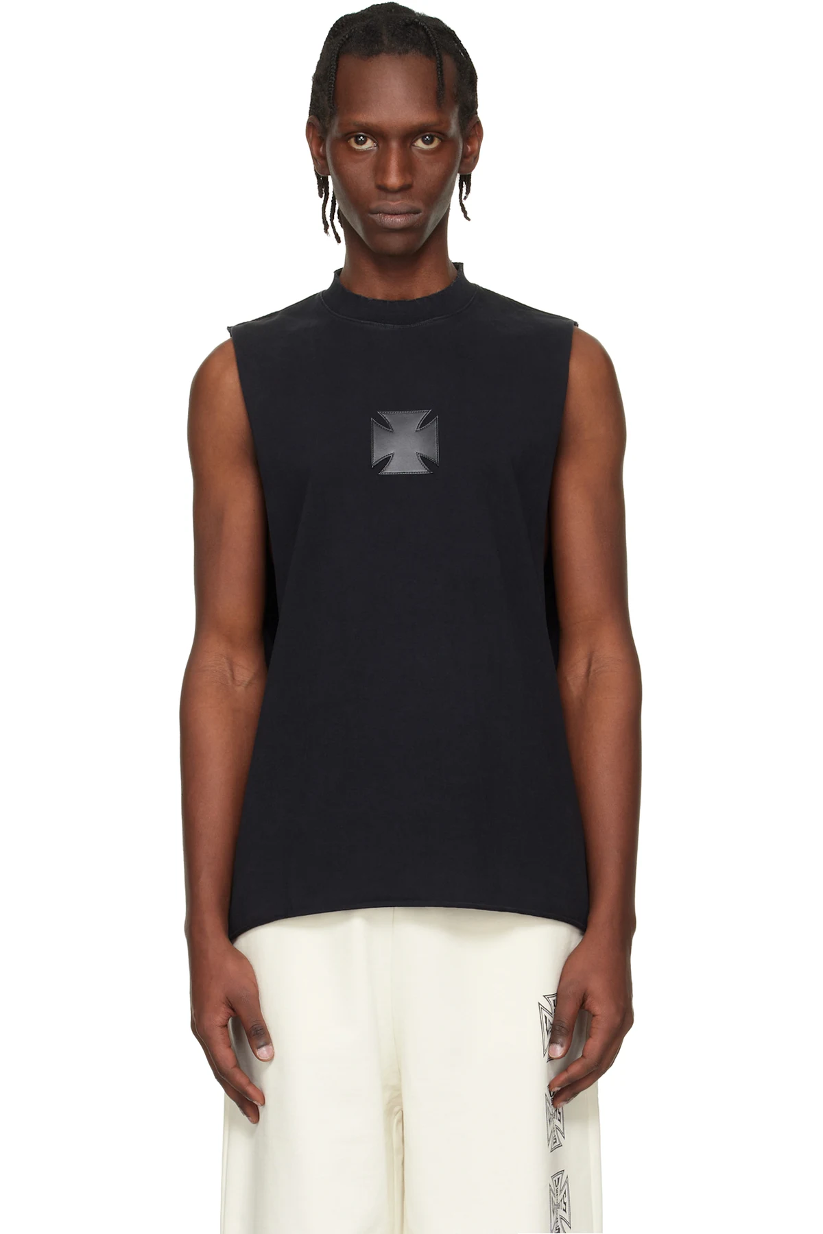 Black Biker Logo Leather Cross Interlock Tank Top