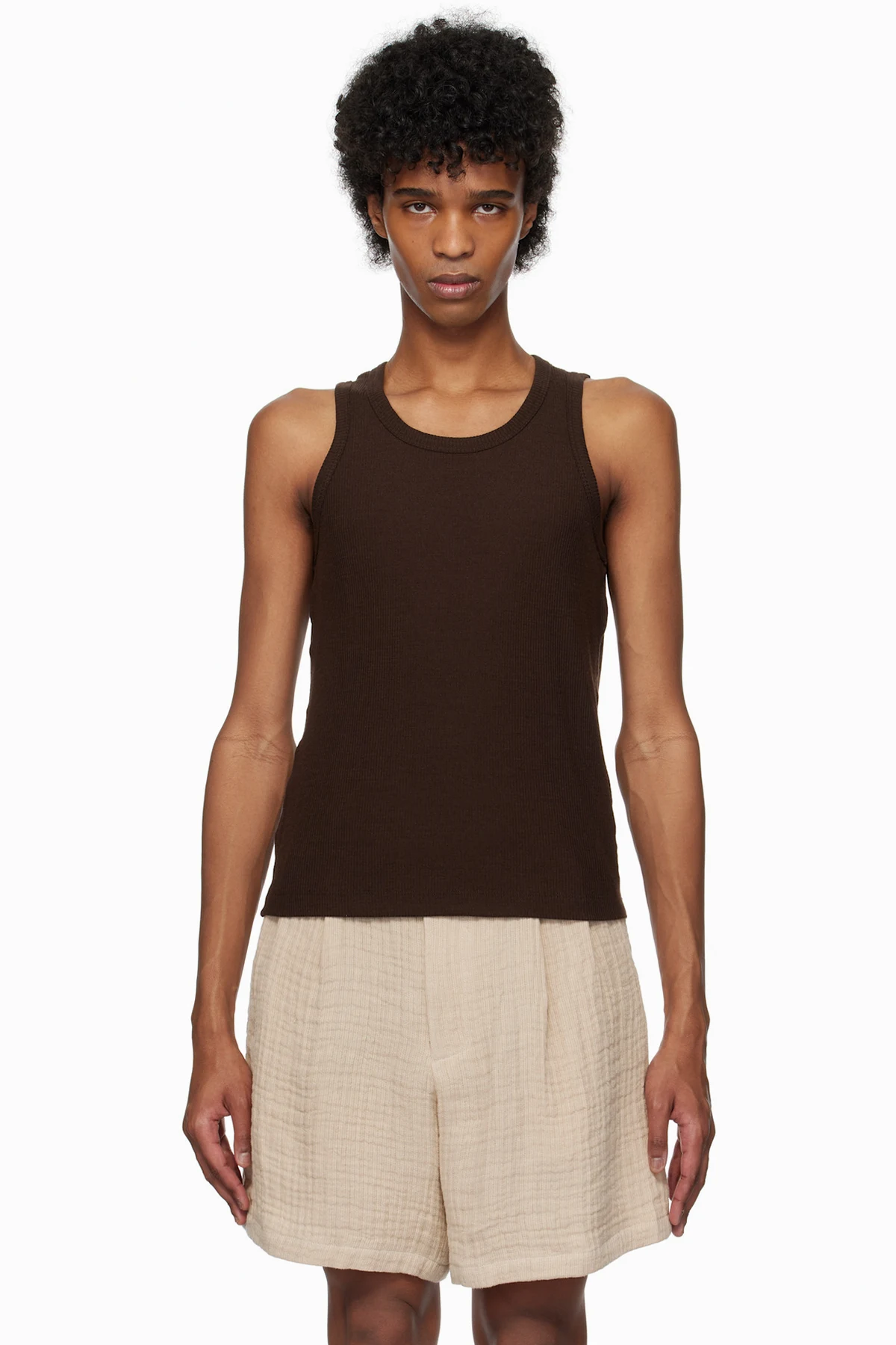 Brown Super Fine Wool Ribbed Tank Top