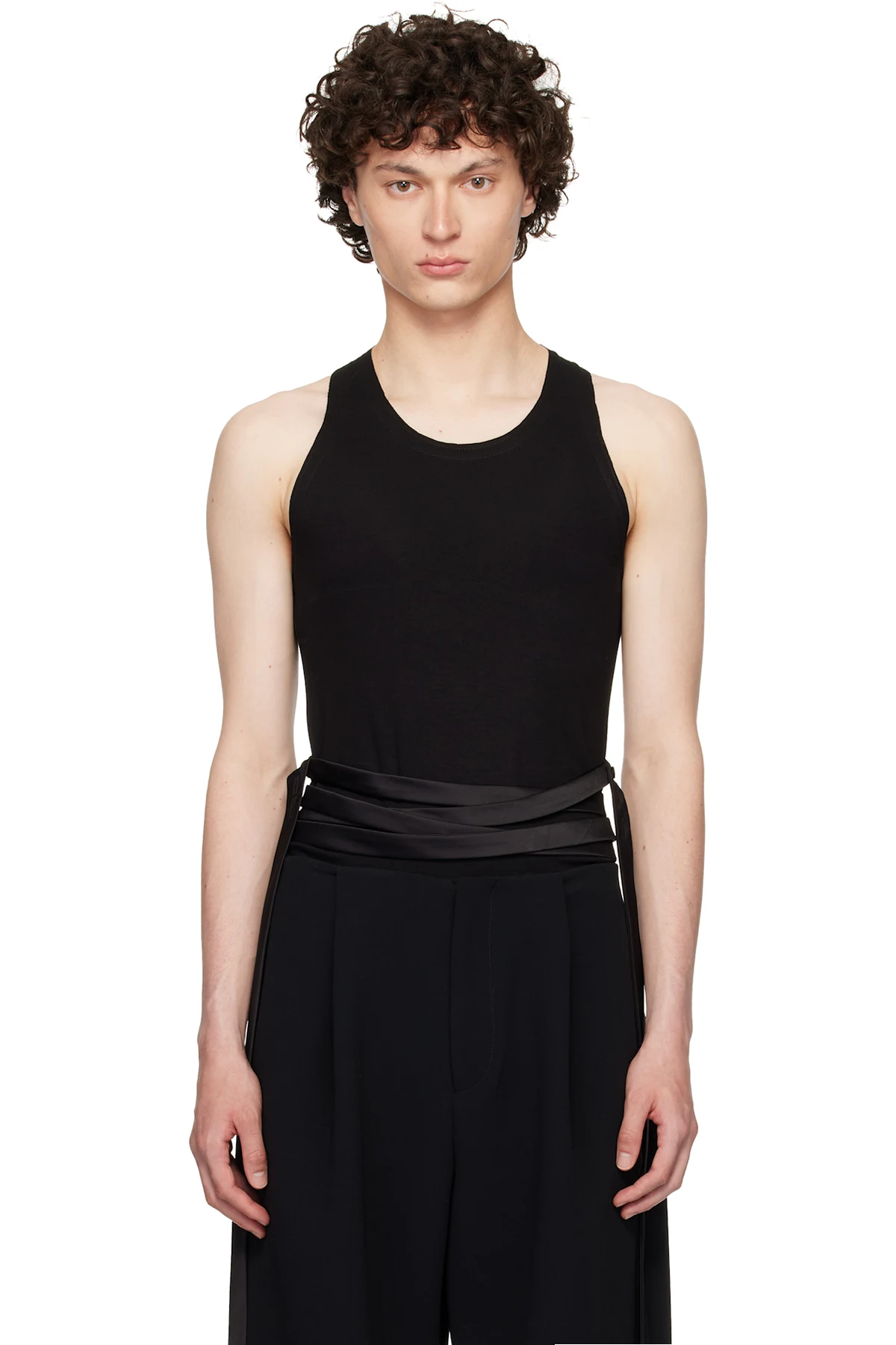Black Satin Tie Jersey Tank Top