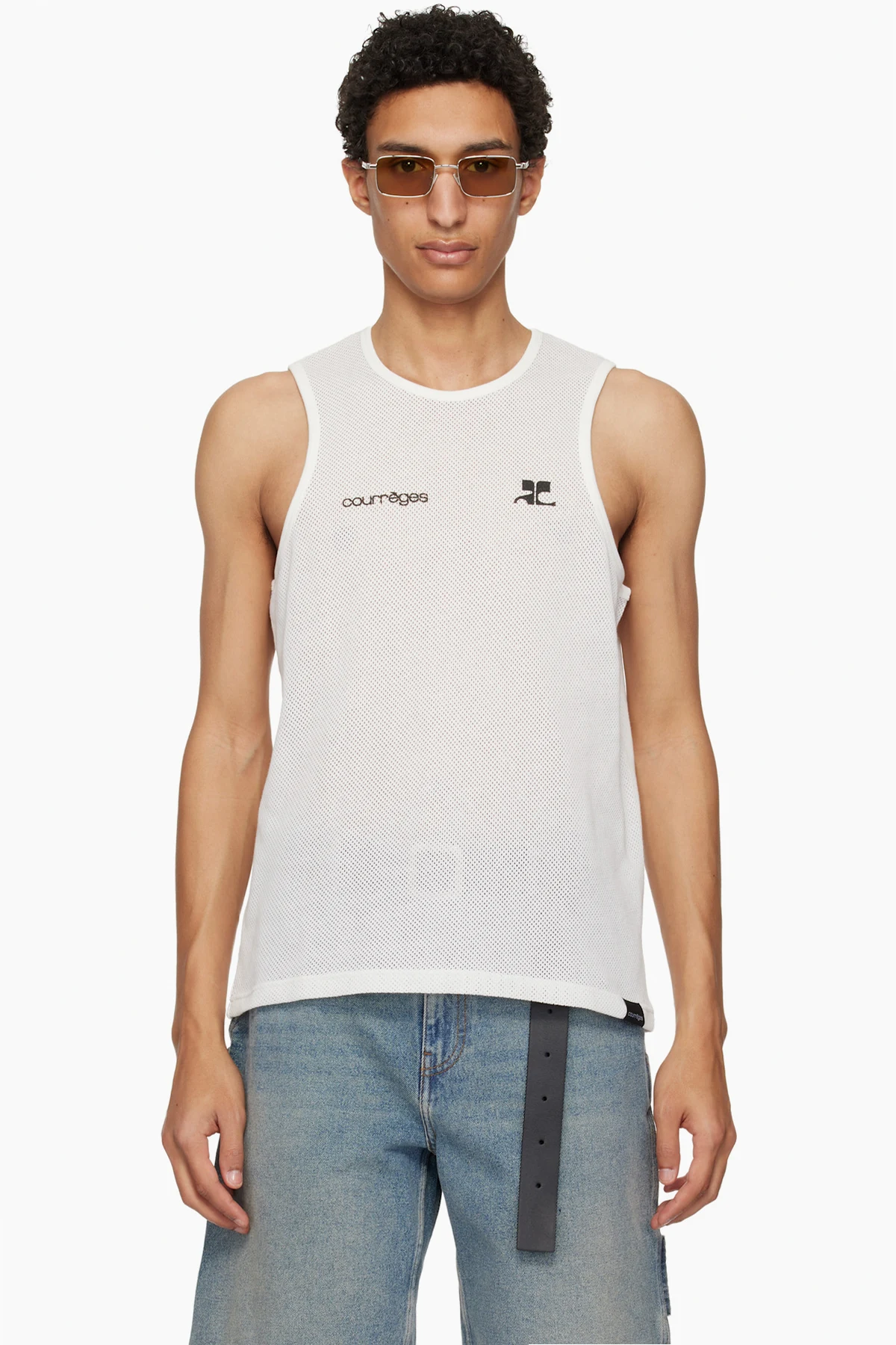 White Printed Mesh Tank Top