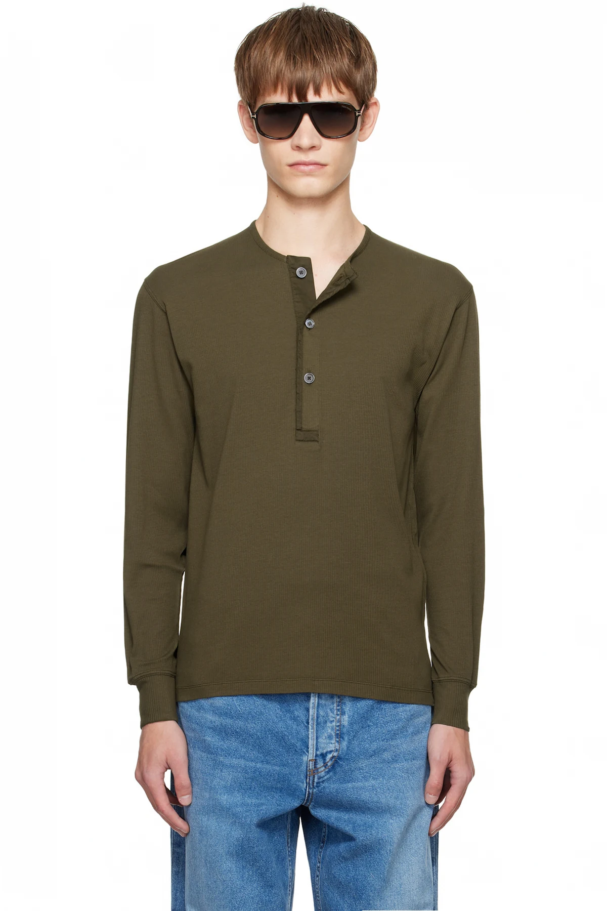 Green Cotton Stretch Rib Henley