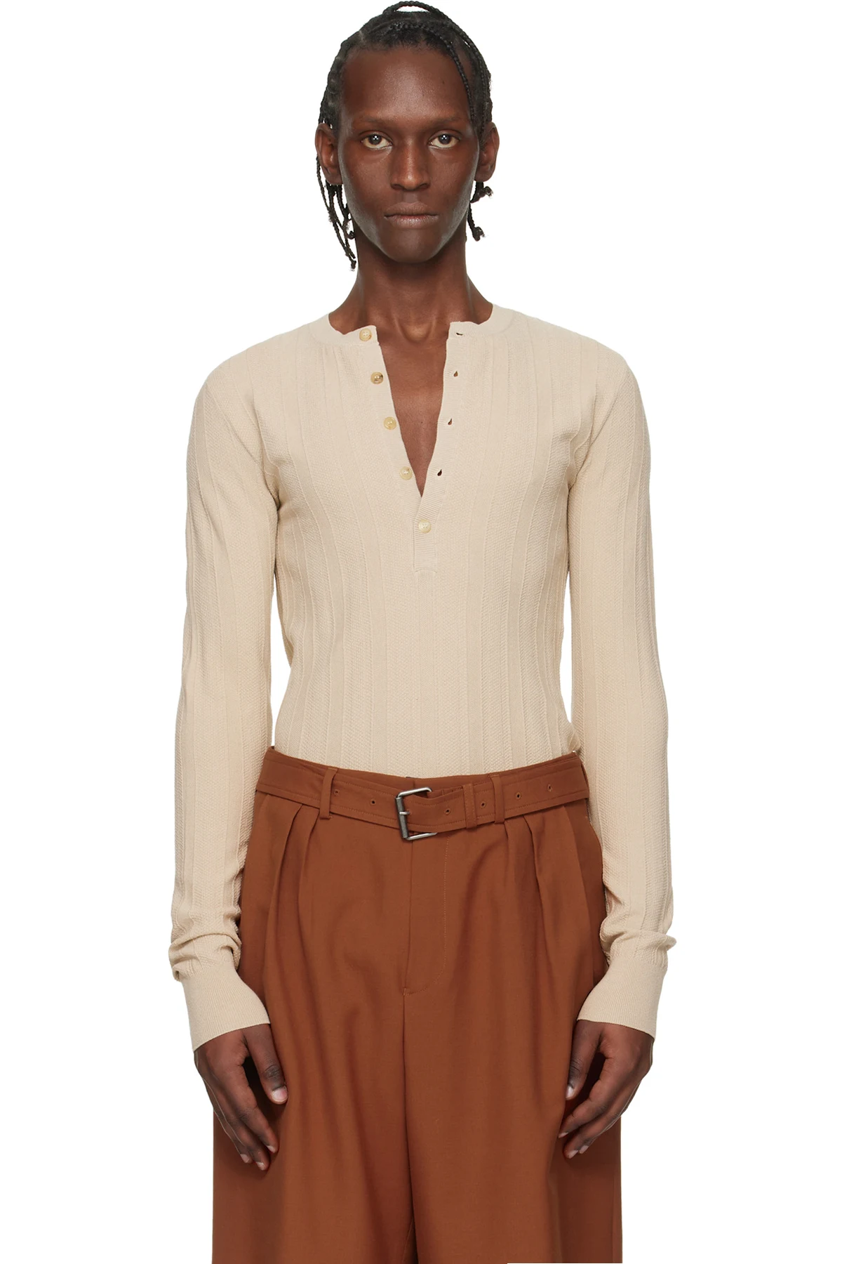 Beige Rib-Knit Henley