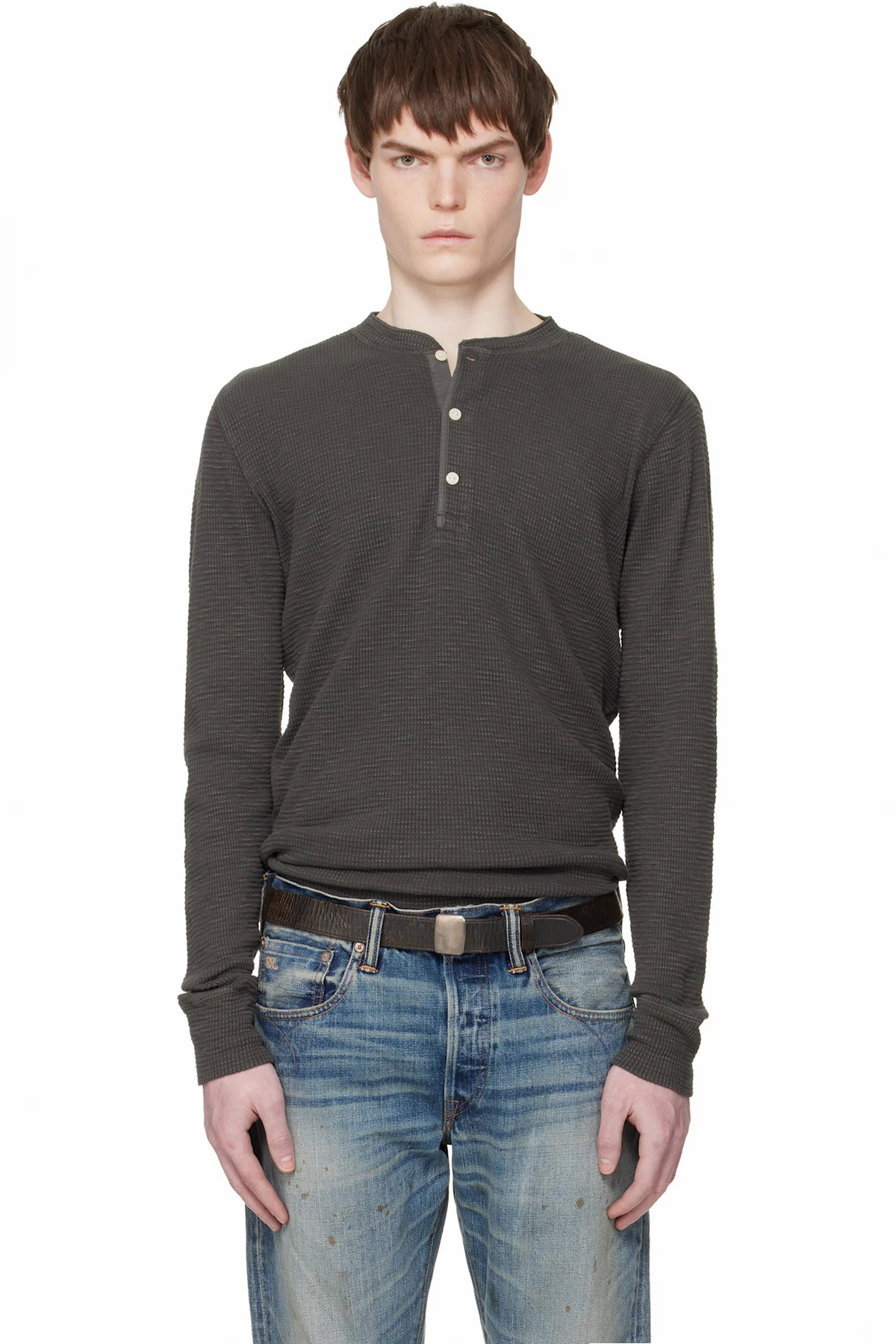 Gray Waffle-Knit Henley