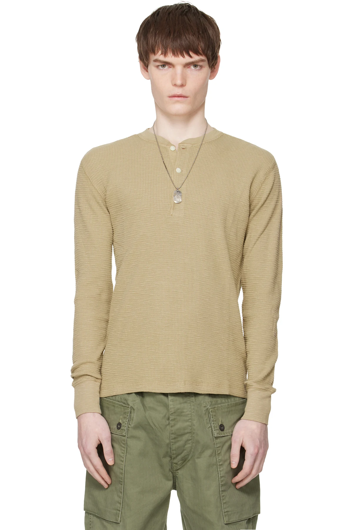 Beige Garment-Dyed Waffle-Knit Henley