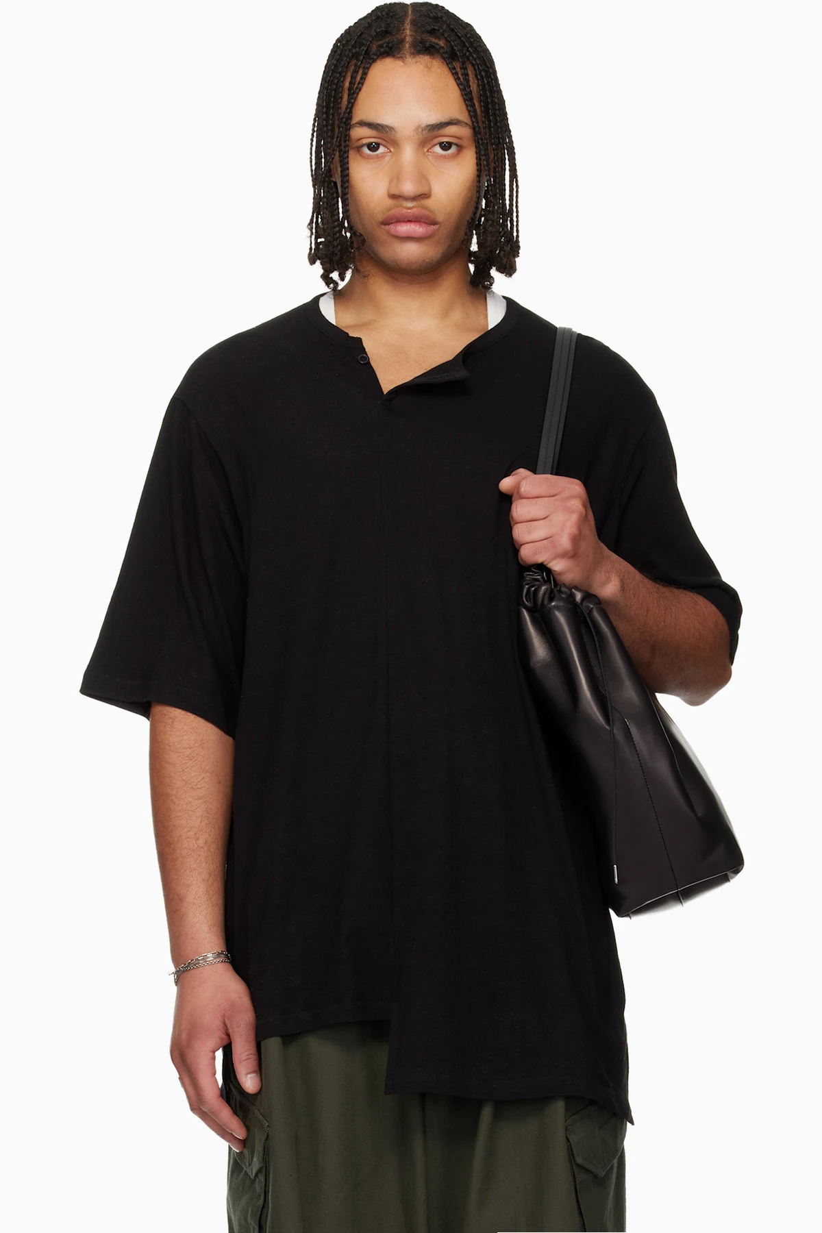 Black Paneled Short Sleeve Henley