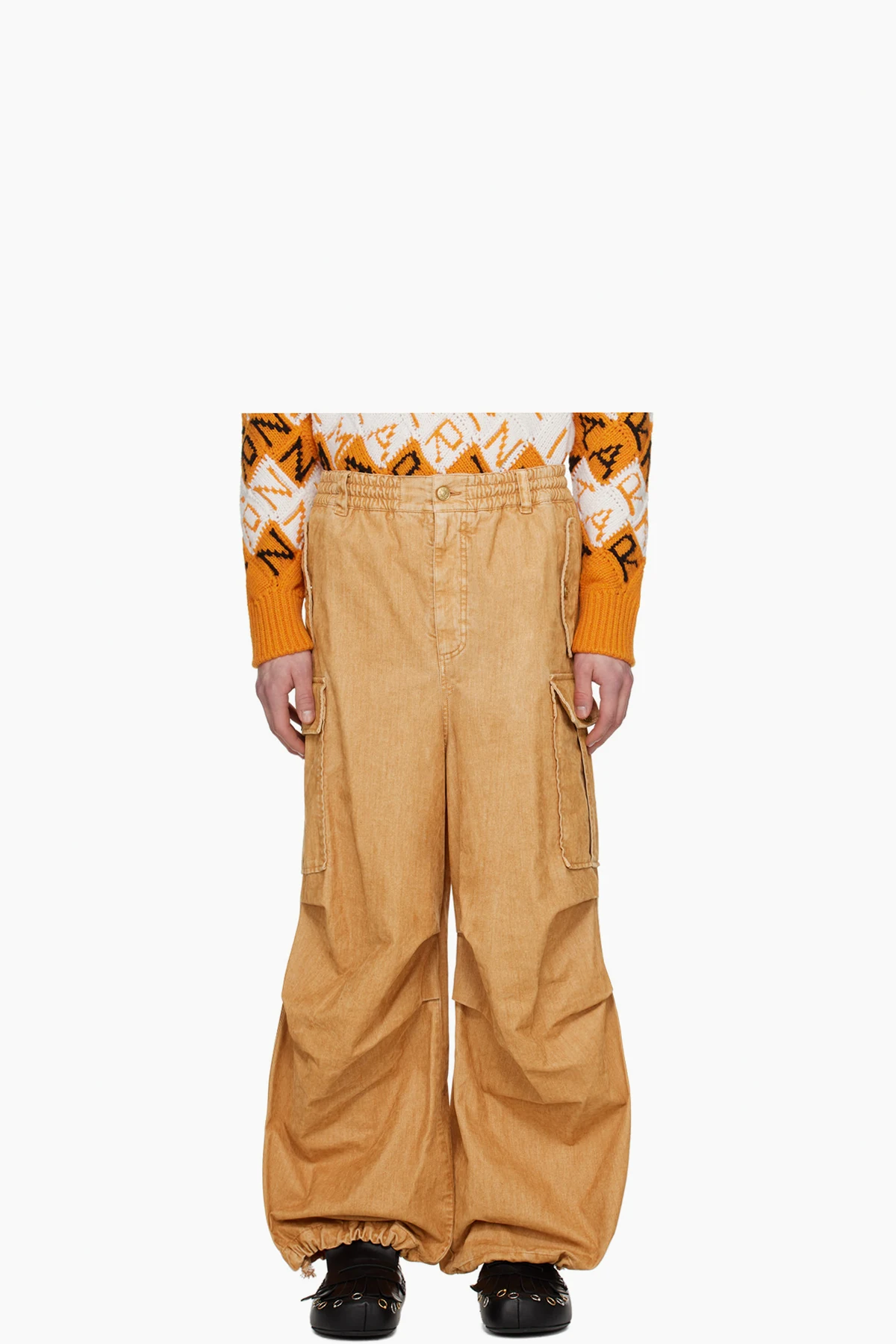 Tan Loose-Fit Denim Cargo Pants