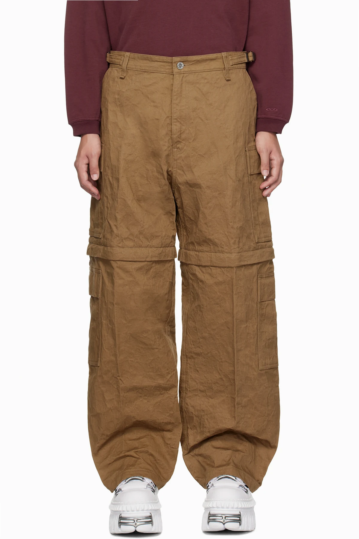 Beige Metalized Wrinkled Cargo Pants