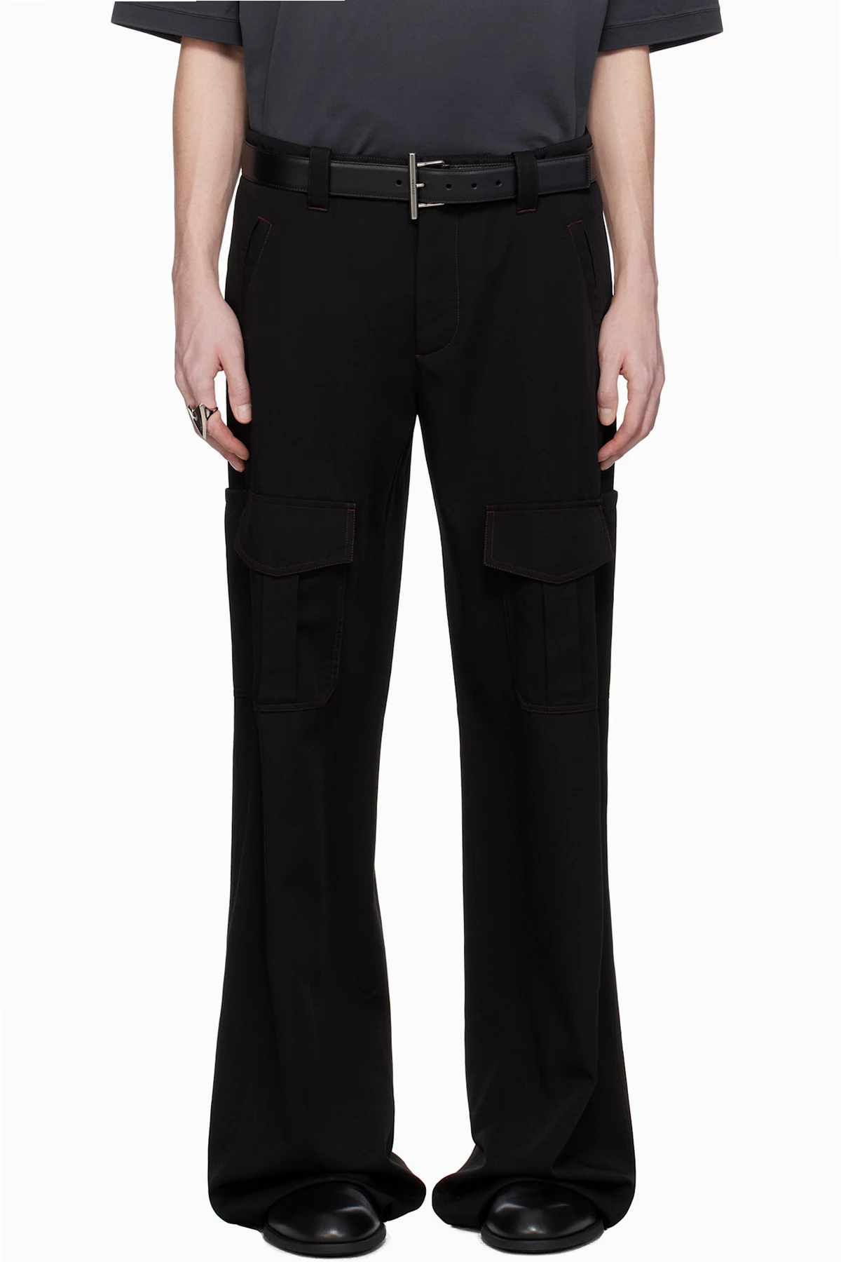 Black Wool Overdyed Low-Rise Cargo Pants