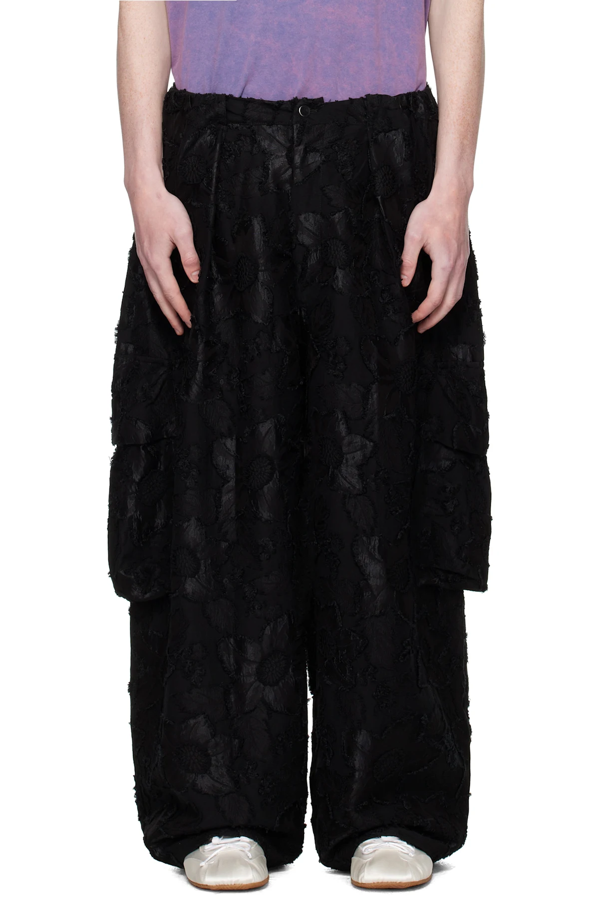 Black Jacquard Pleated Cargo Pants