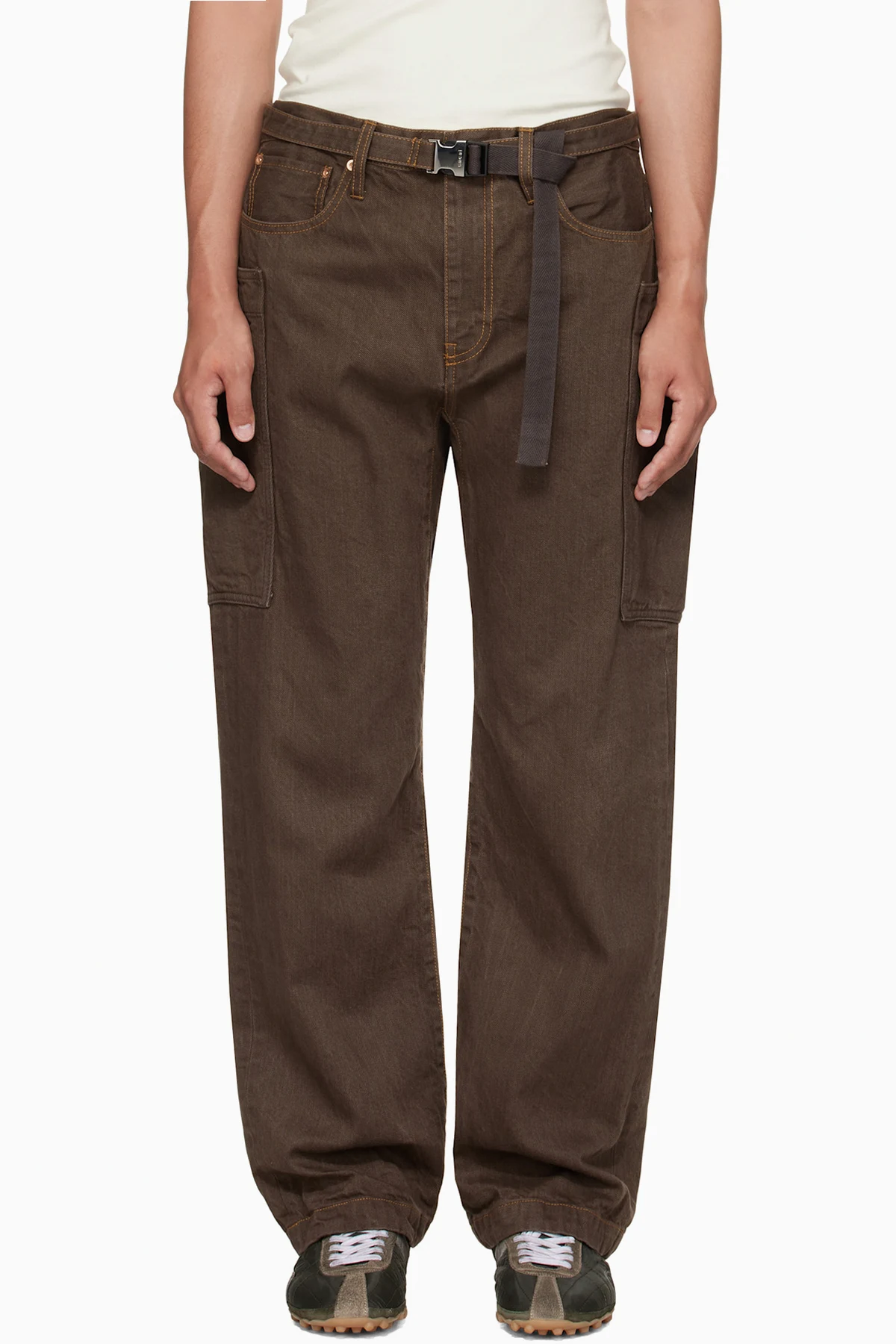 Brown Belted Denim Cargo Pants