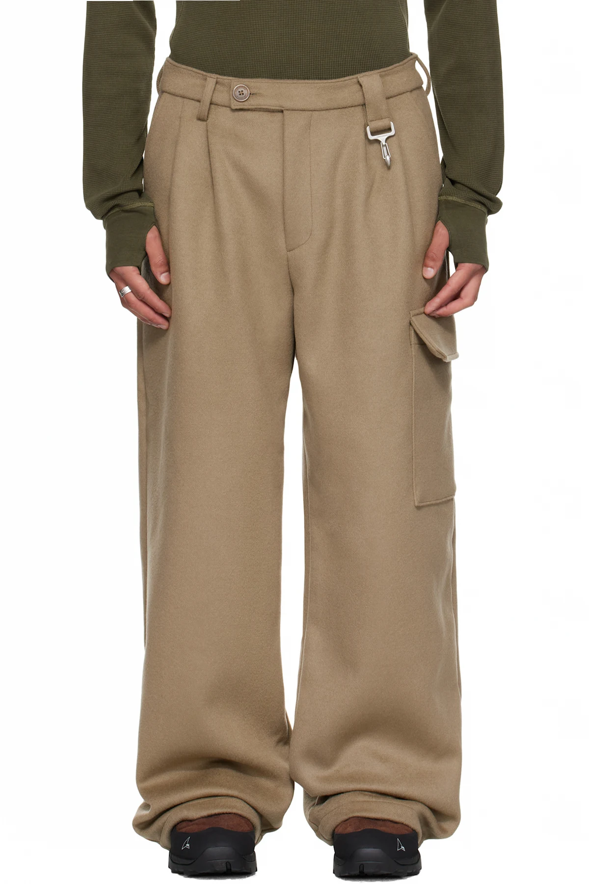 Gray Merino Wool Pleated Cargo Pants
