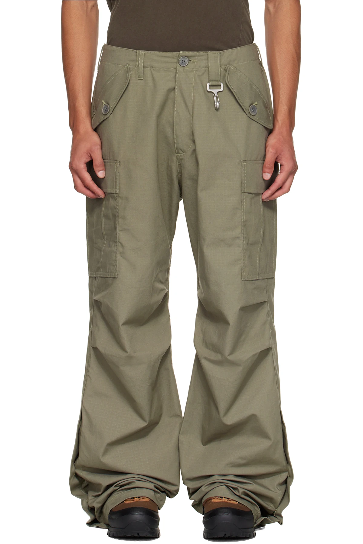 Khaki Cotton Ripstop Wide Leg Cargo Pants