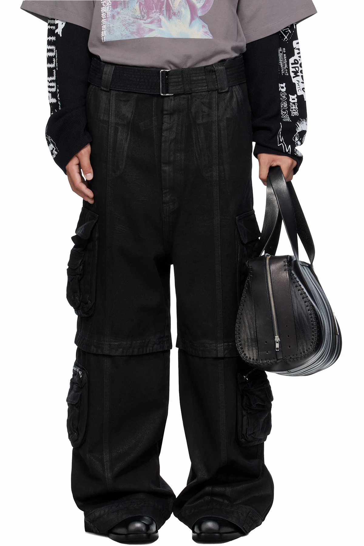 Black Coated Denim Cargo Pants