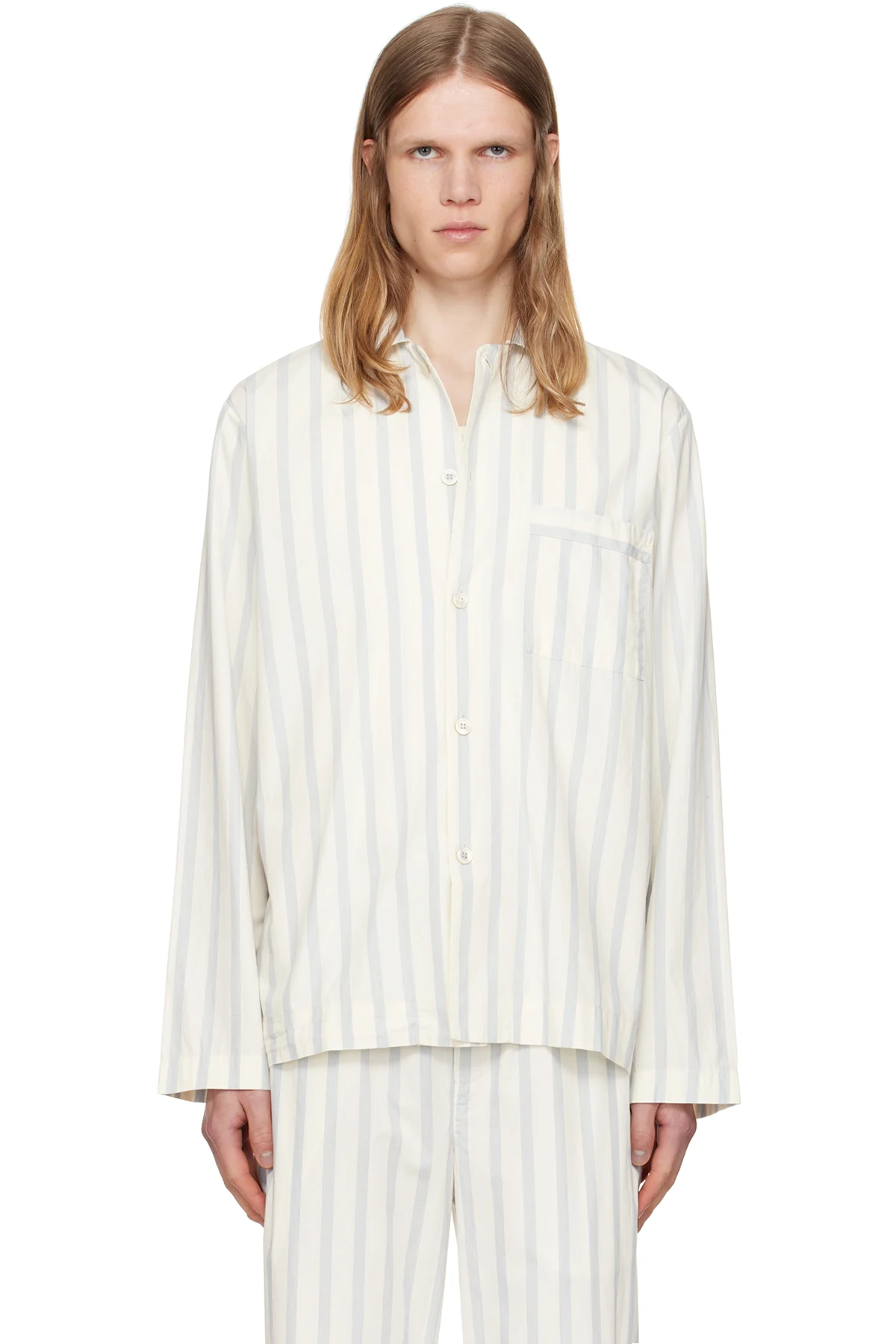 Off-White & Navy Poplin Long-Sleeved Pyjama Shirt