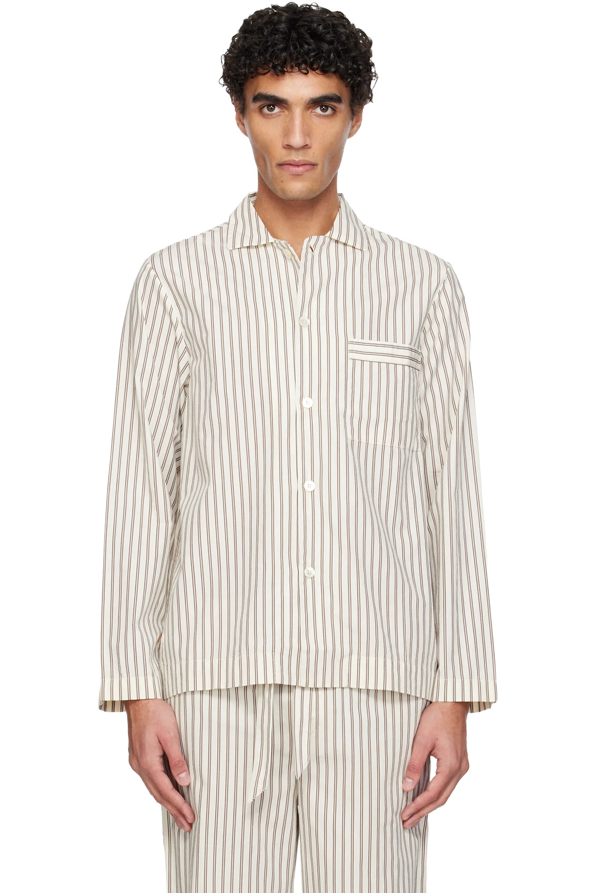 White & Brown Poplin Long-Sleeved Pyjama Shirt