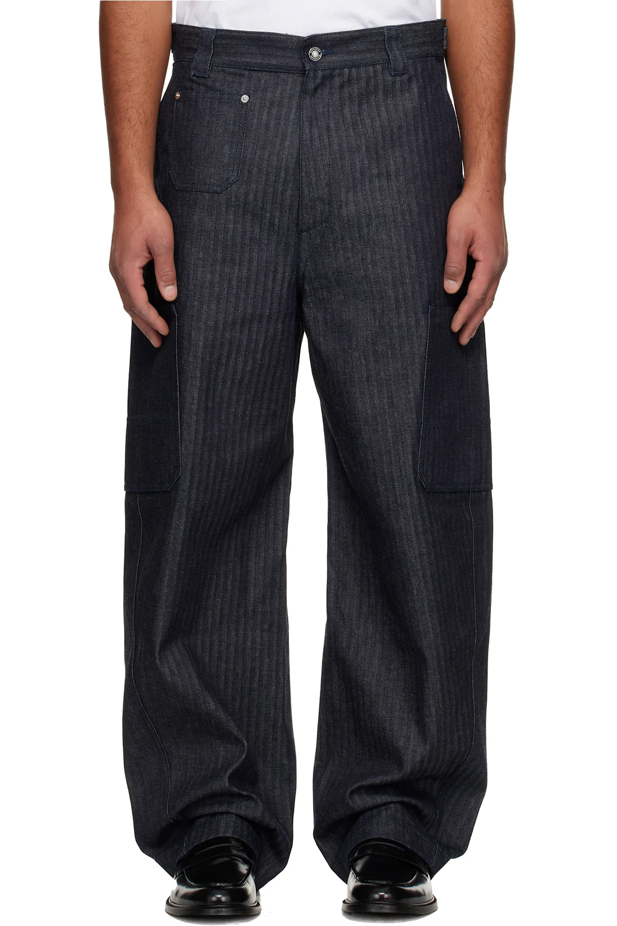 Navy Herringbone Denim Cargo Pants