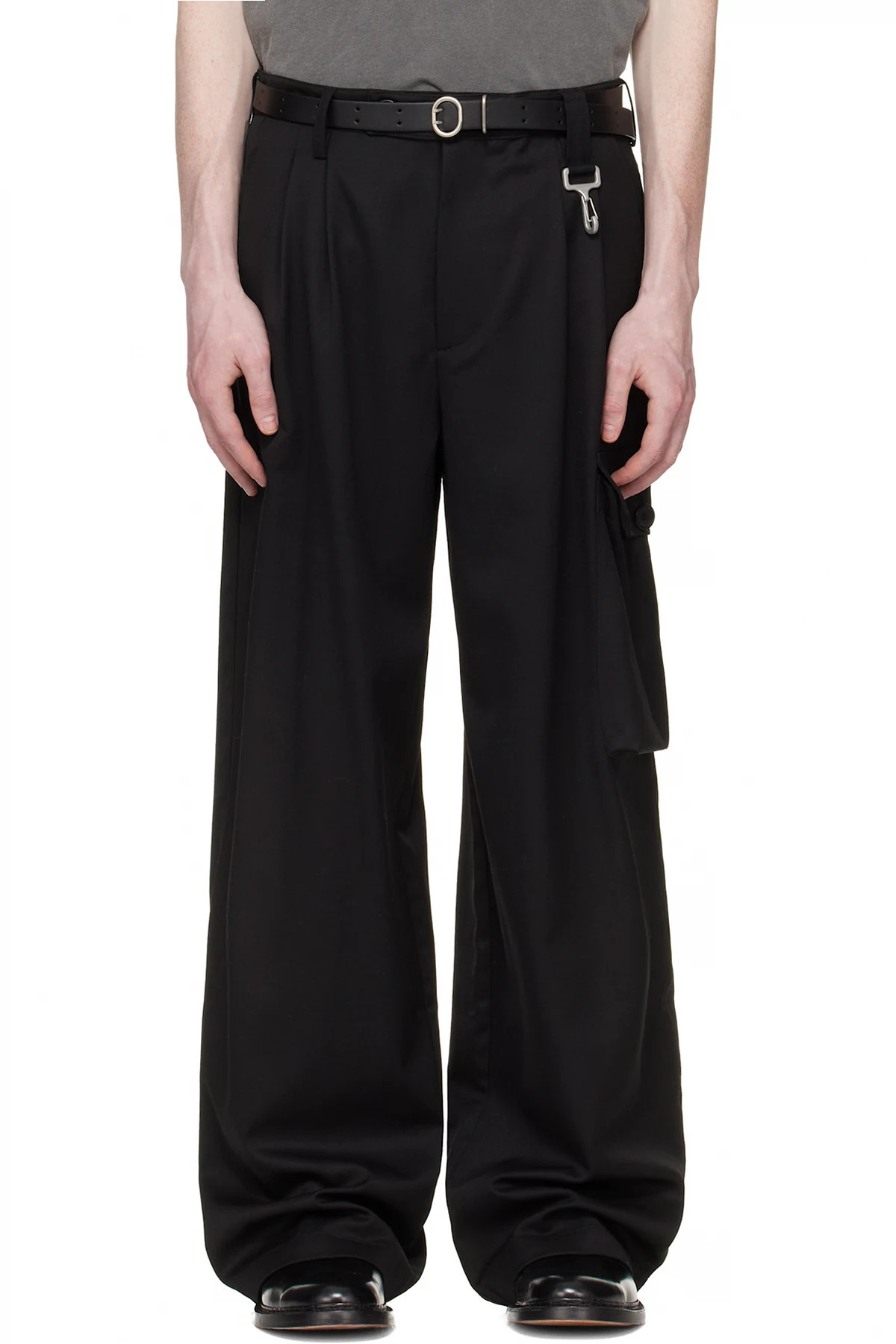 Black Wool Pleated Cargo Pants