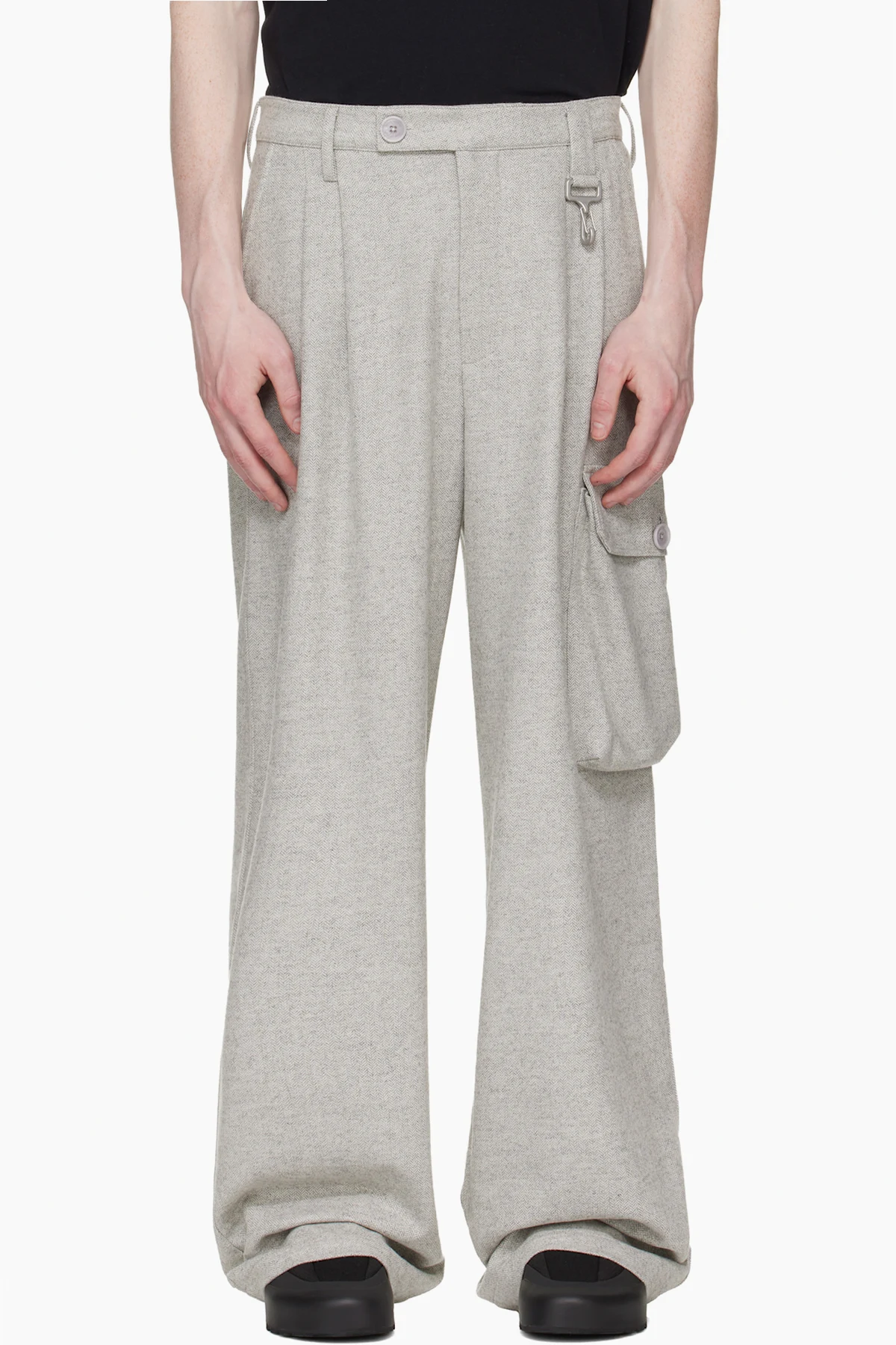 Gray Wool Herringbone Pleated Cargo Pants