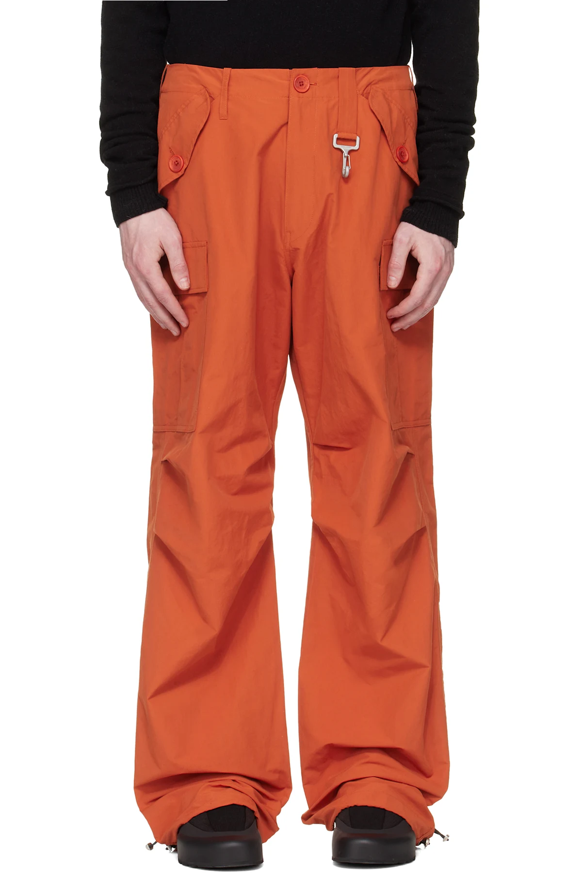 Orange Nylon Cinched Wide Leg Cargo Pants