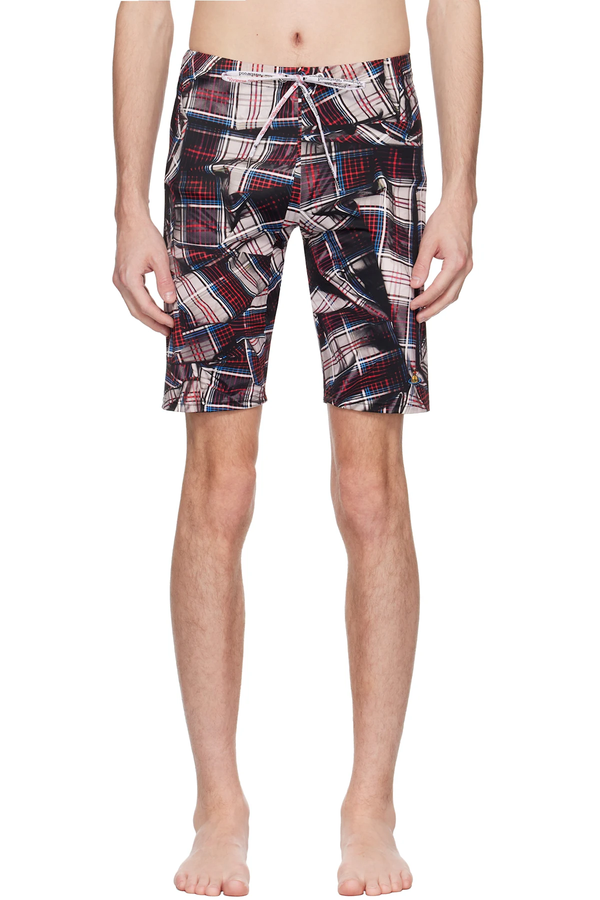 Red & Black Draped Tartan Fitted Swim Shorts
