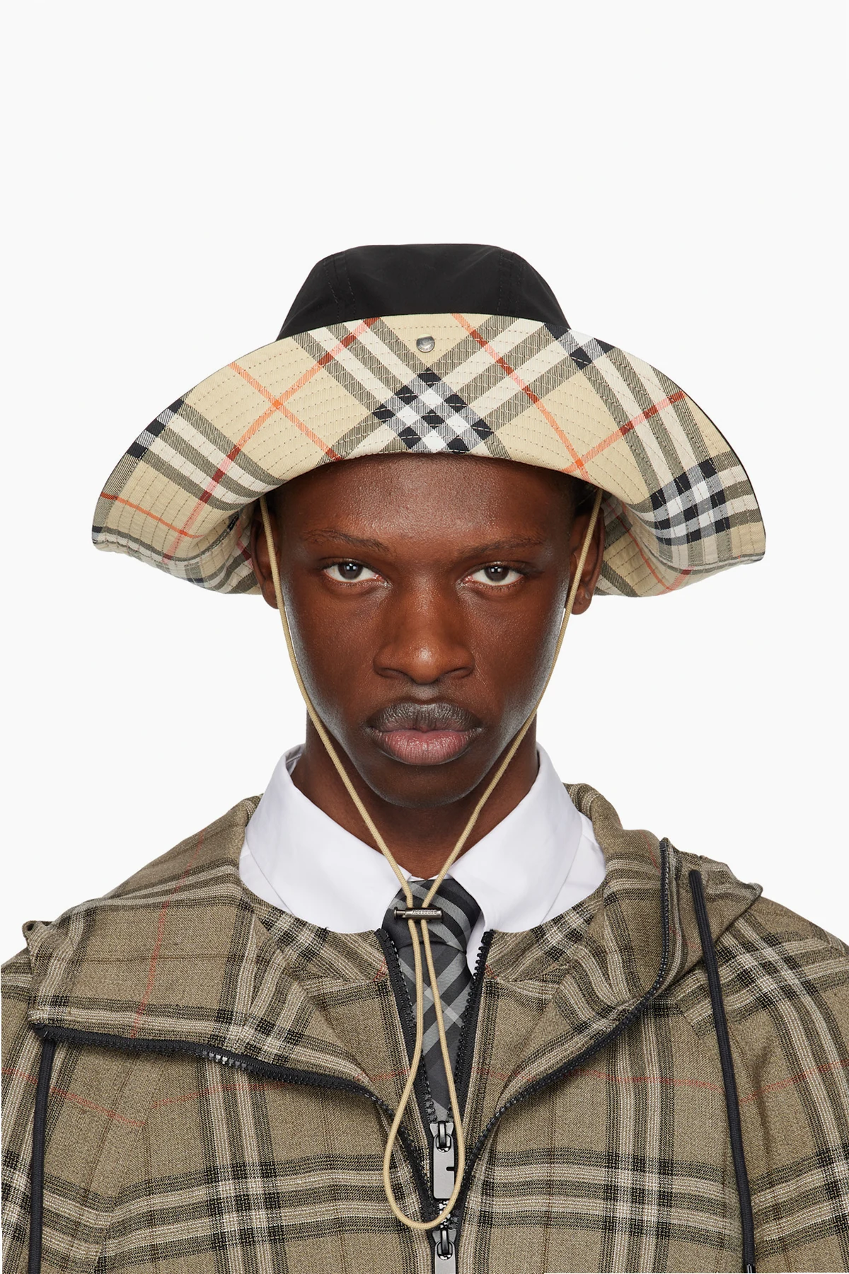 Black Check Brim Gabardine Bucket Hat