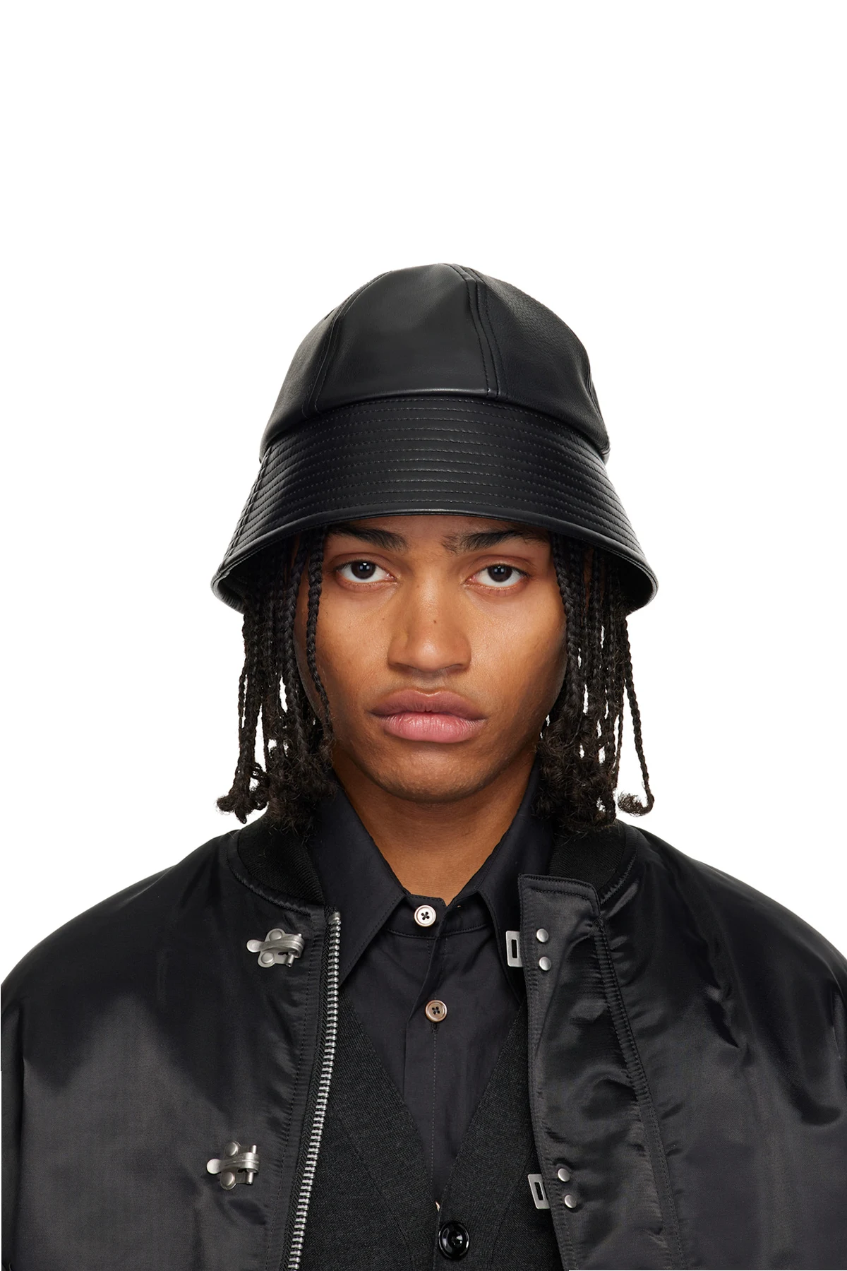 Black Synthetic Leather Mix Bucket Hat
