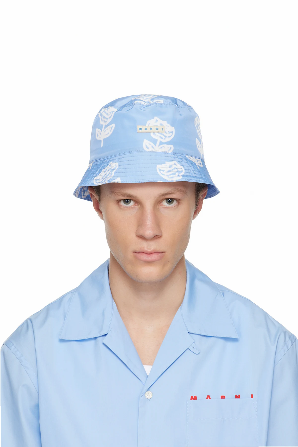 Blue Sprayed Roses Print Taffeta Bucket Hat