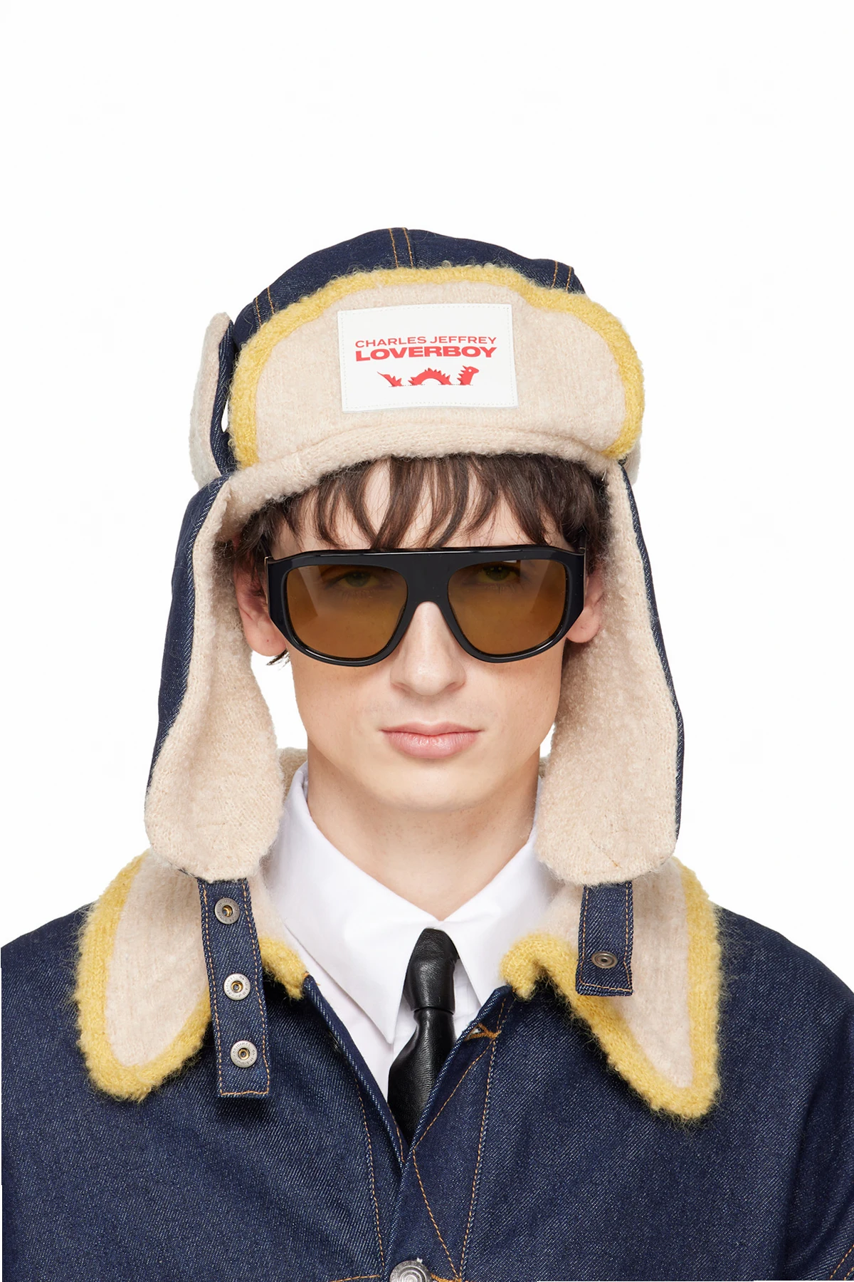 Navy & Beige Knit Patch Trapper Hat