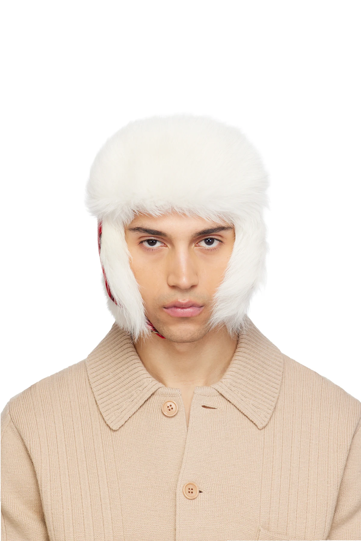 Red & Off-White Check Wool Trapper Hat