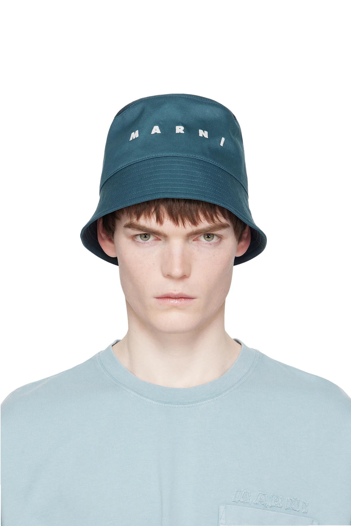 Navy Embroidered Logo Water-Repellent Gabardine Bucket Hat