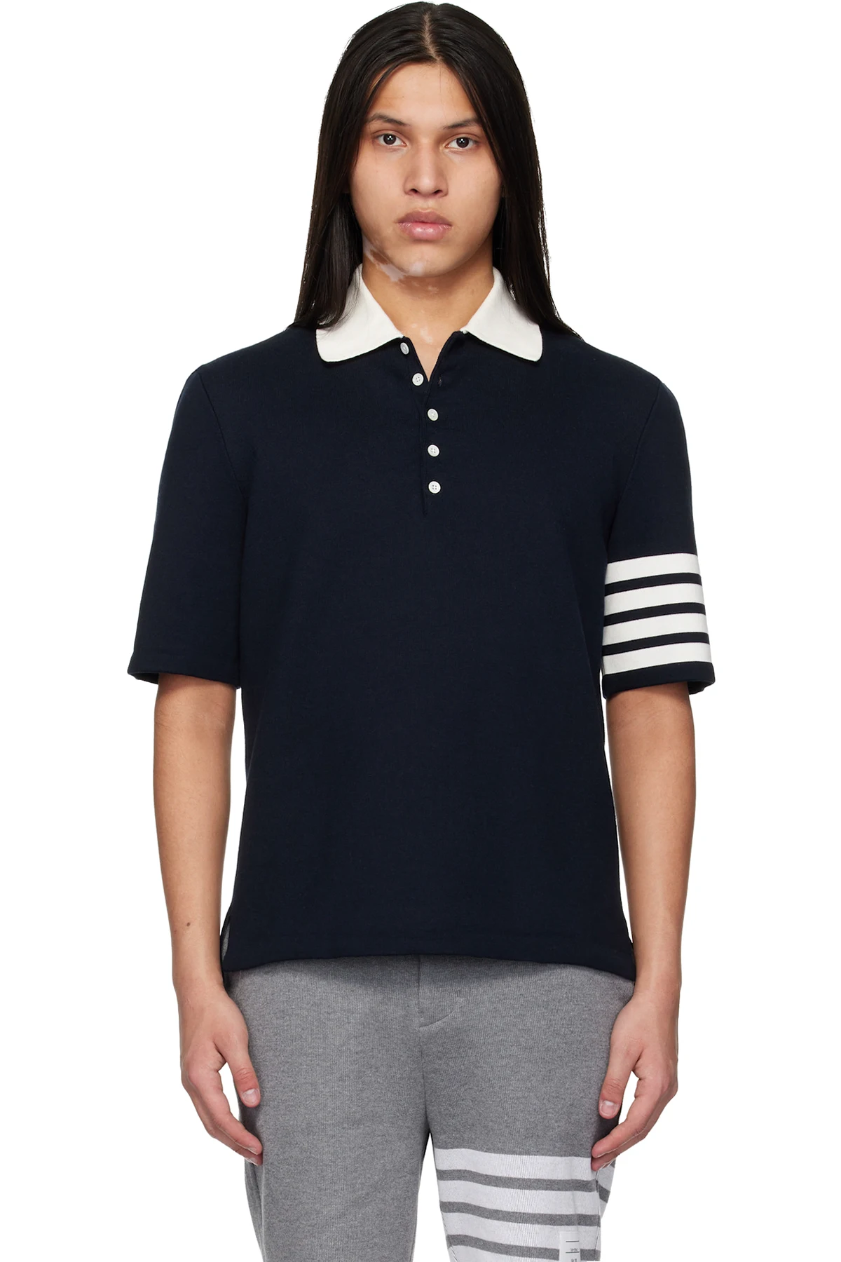 Navy Crest Intarsia Jacquard 4-Bar Rugby Fit Polo