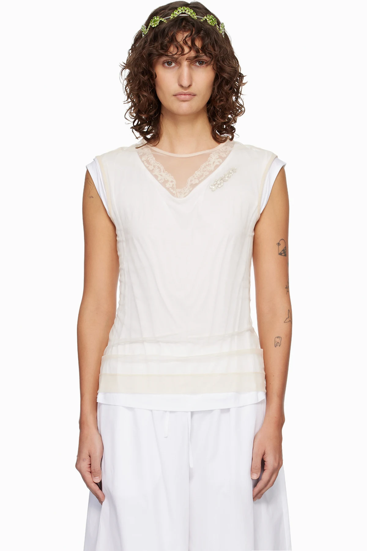 White & Beige Layered Liquid Lace Trim T-shirt