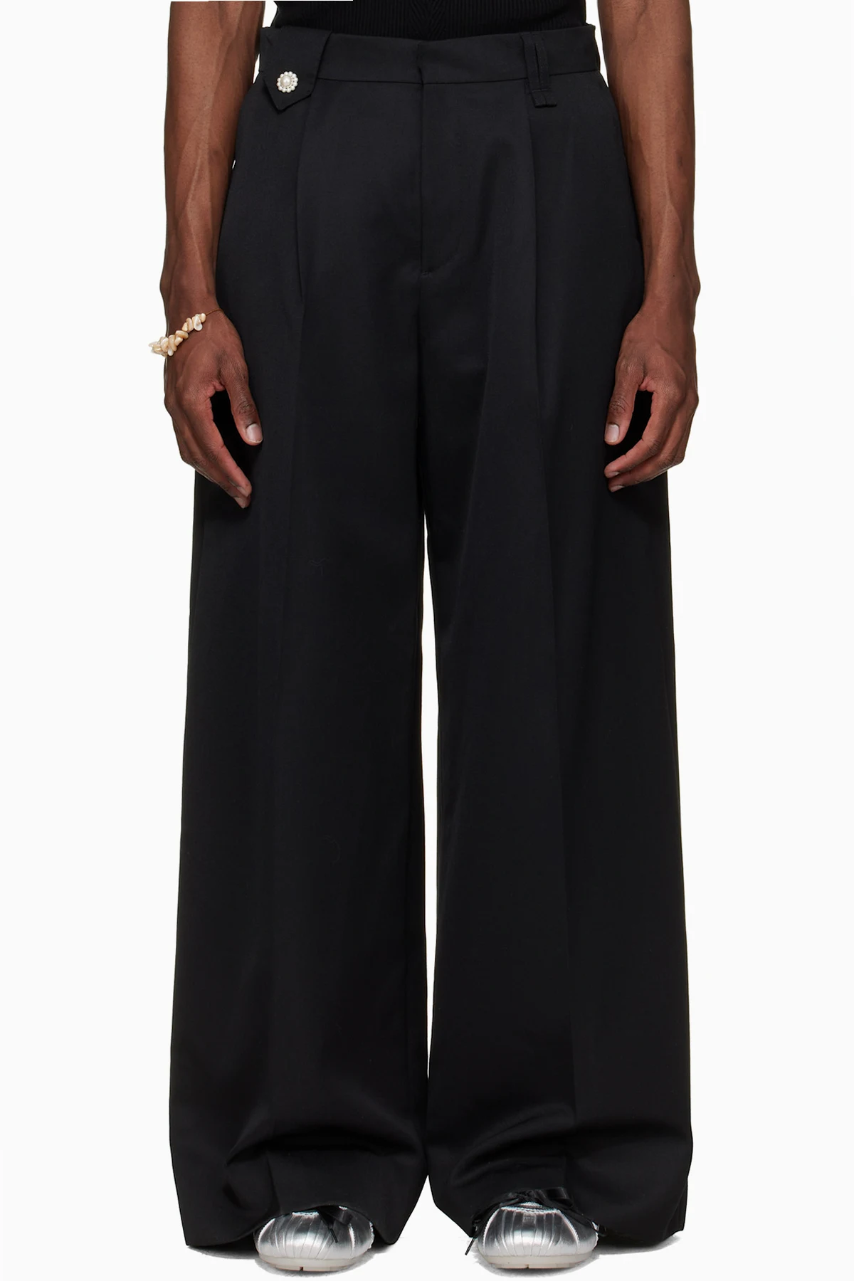 Black Wide Leg Belt Loop Tab Trousers