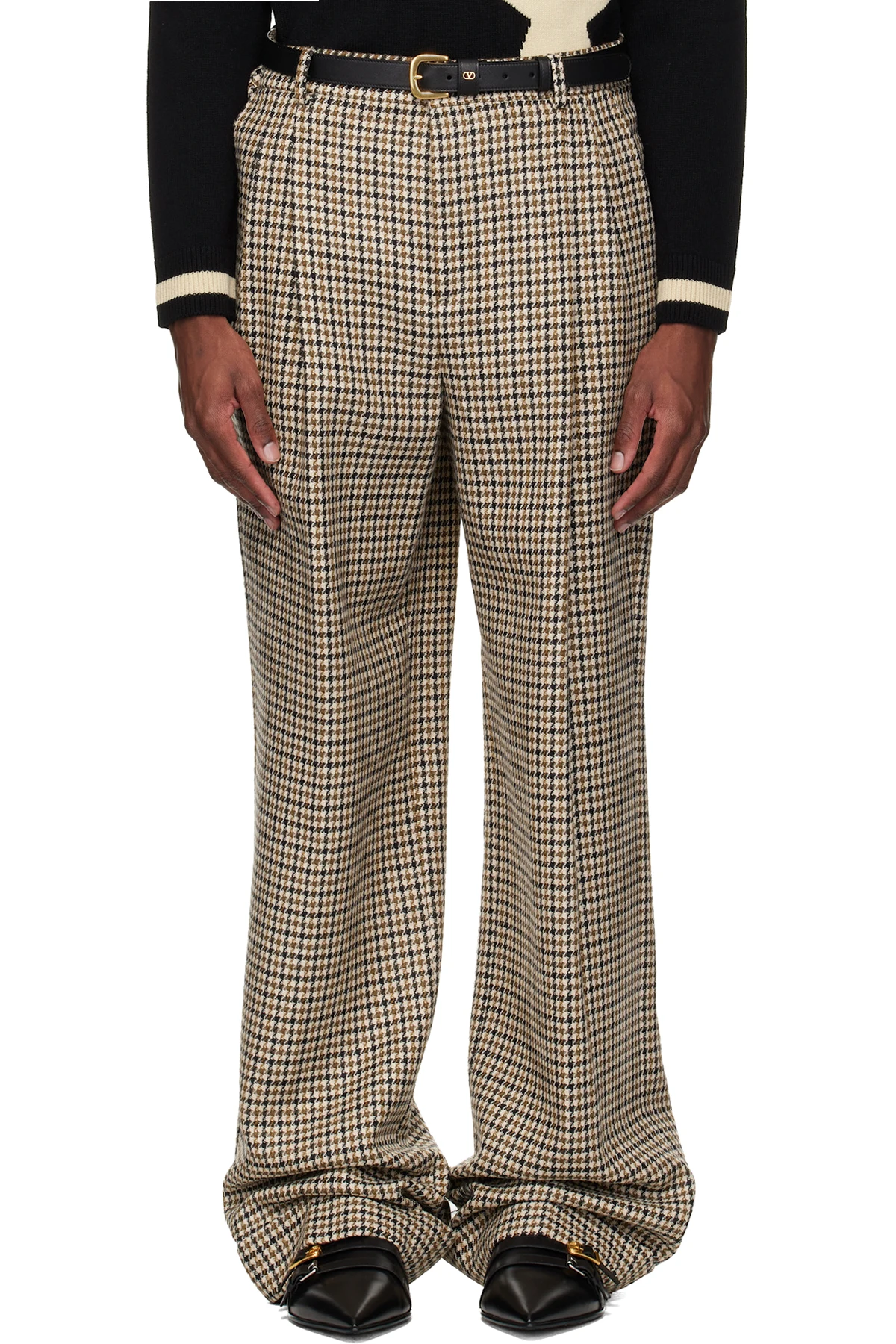 Beige Houndstooth Wool Trousers