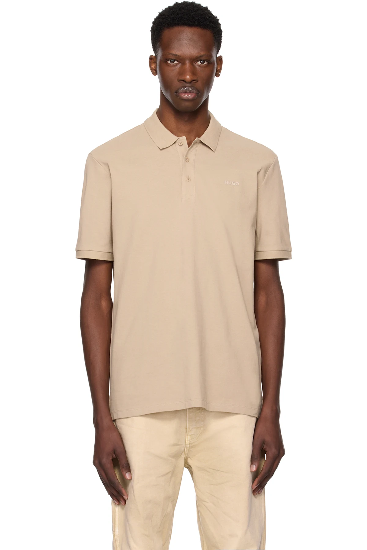 Beige Cotton Piqué Logo Print Polo