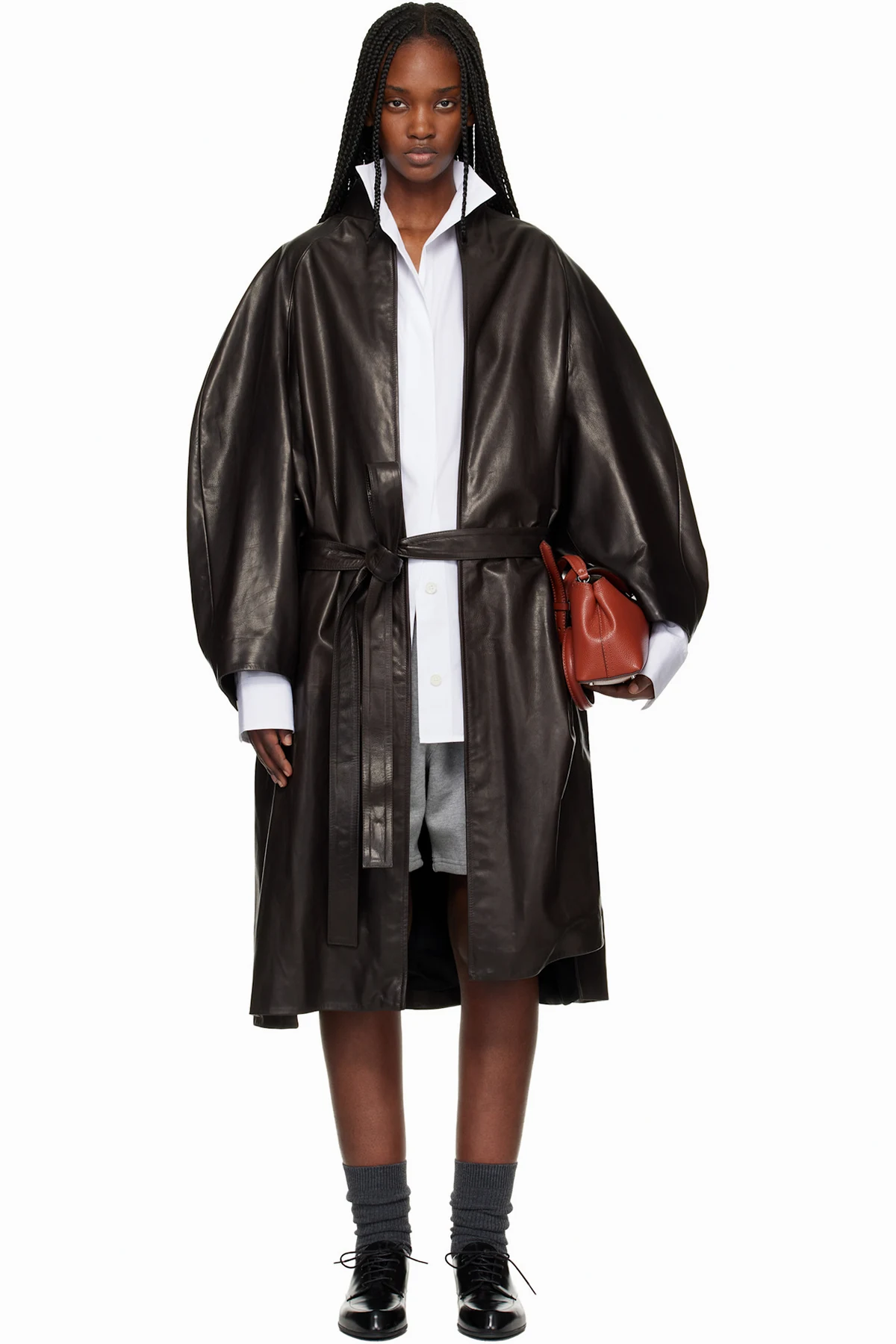 Brown Belted Leather Coat