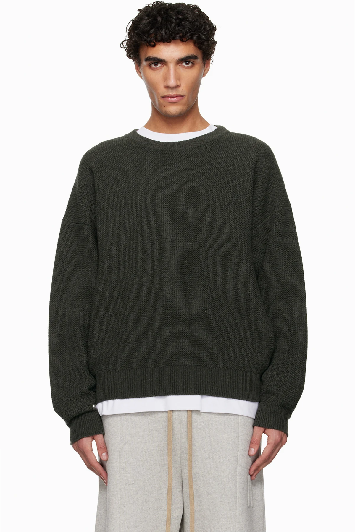 Khaki Racked Rib Crewneck Sweater