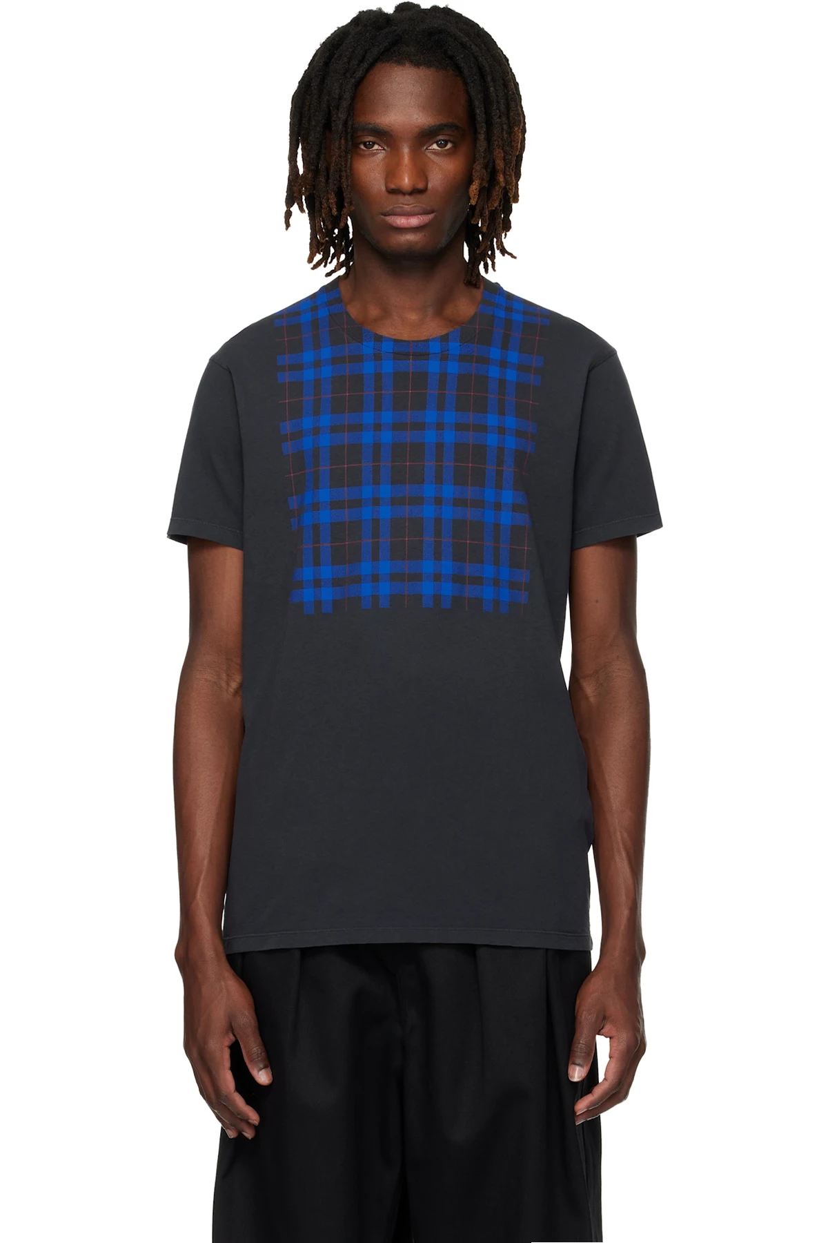 Gray Cotton Check Panel T-shirt